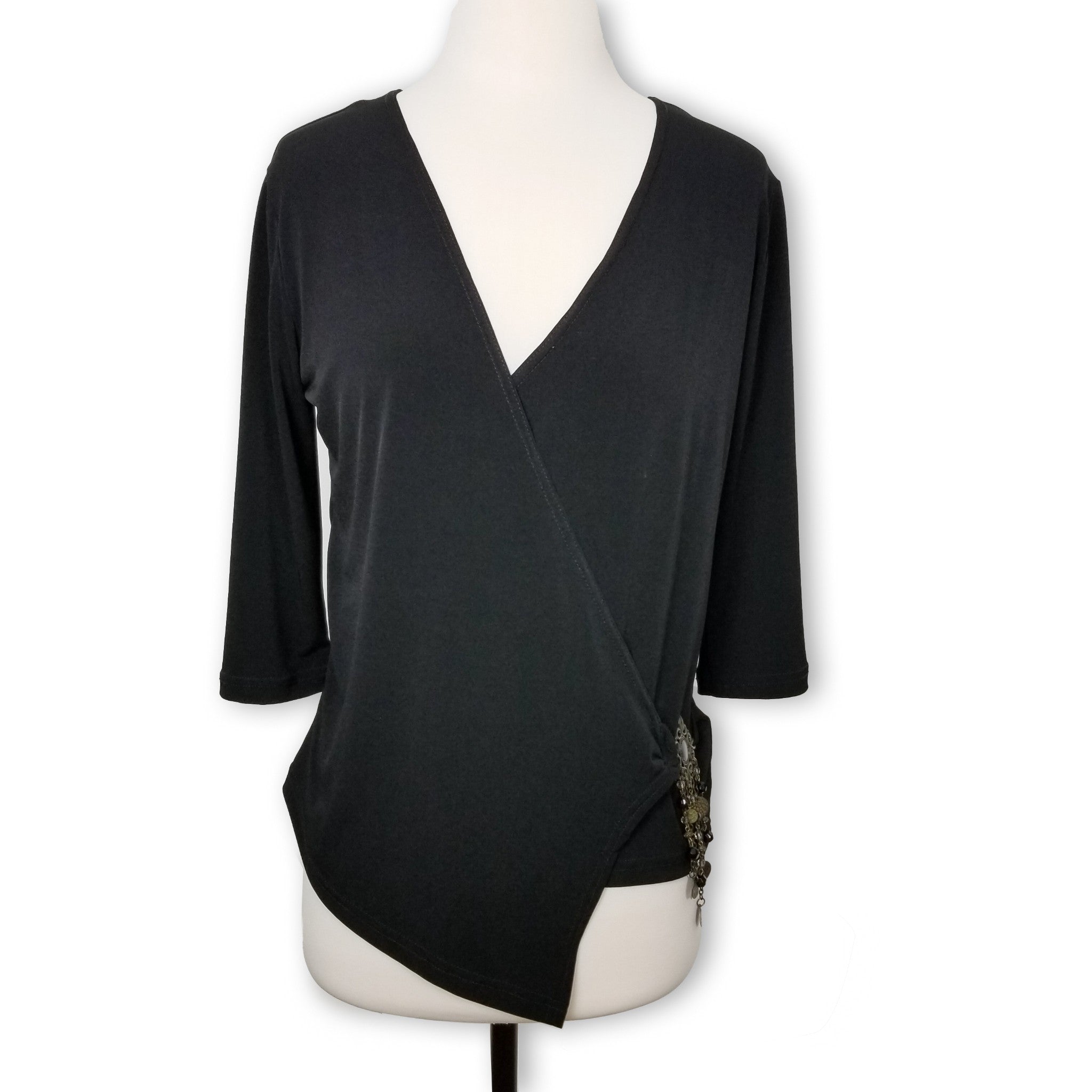 Miss Me Black Wrap Around Women's Blouse Top Asymmetrical Hem 3/4 Sleeves Small