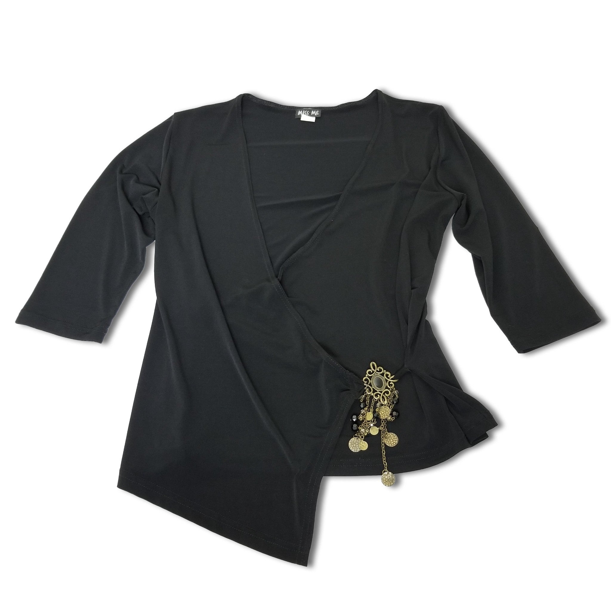 Miss Me Black Wrap Around Women's Blouse Top Asymmetrical Hem 3/4 Sleeves Small