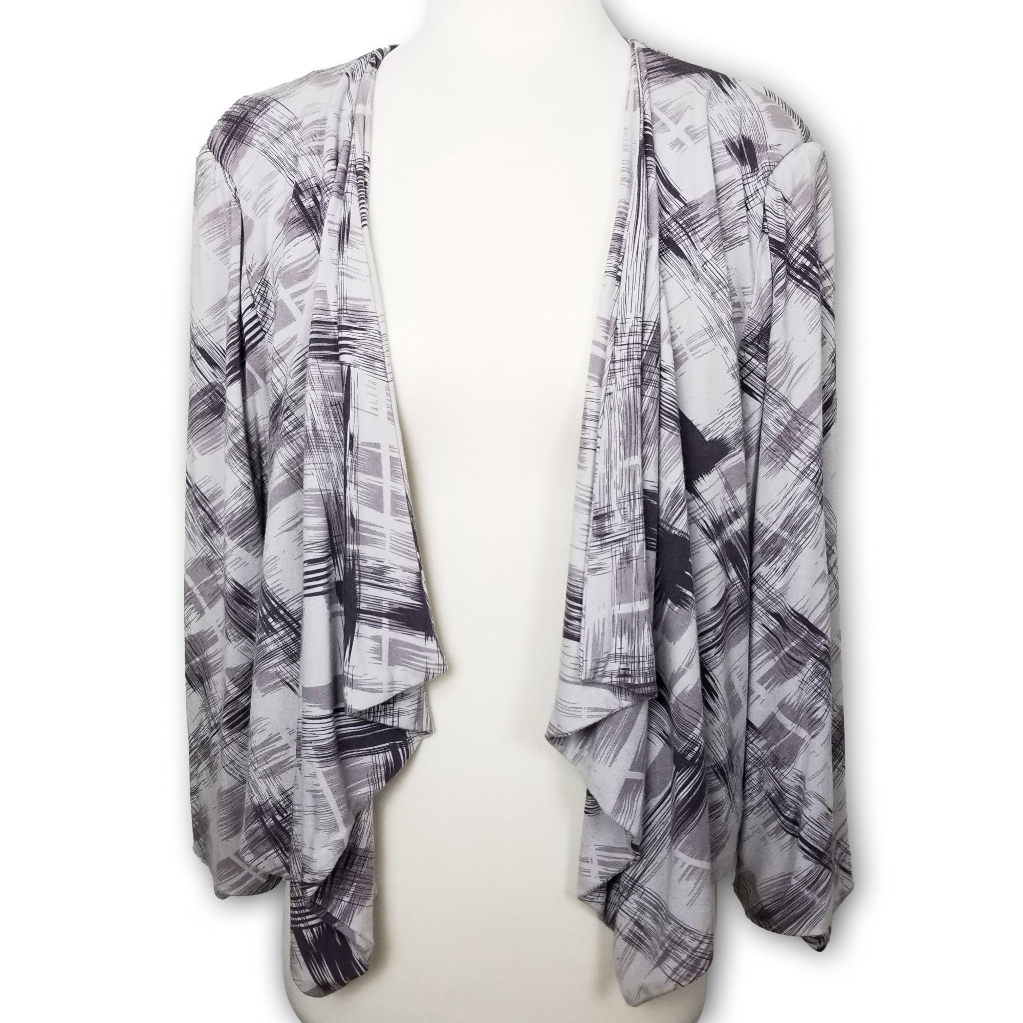 Jacqui E Women's Cardigan XL Grey Faded Purple 3/4 Sleeves Open Front Jacket
