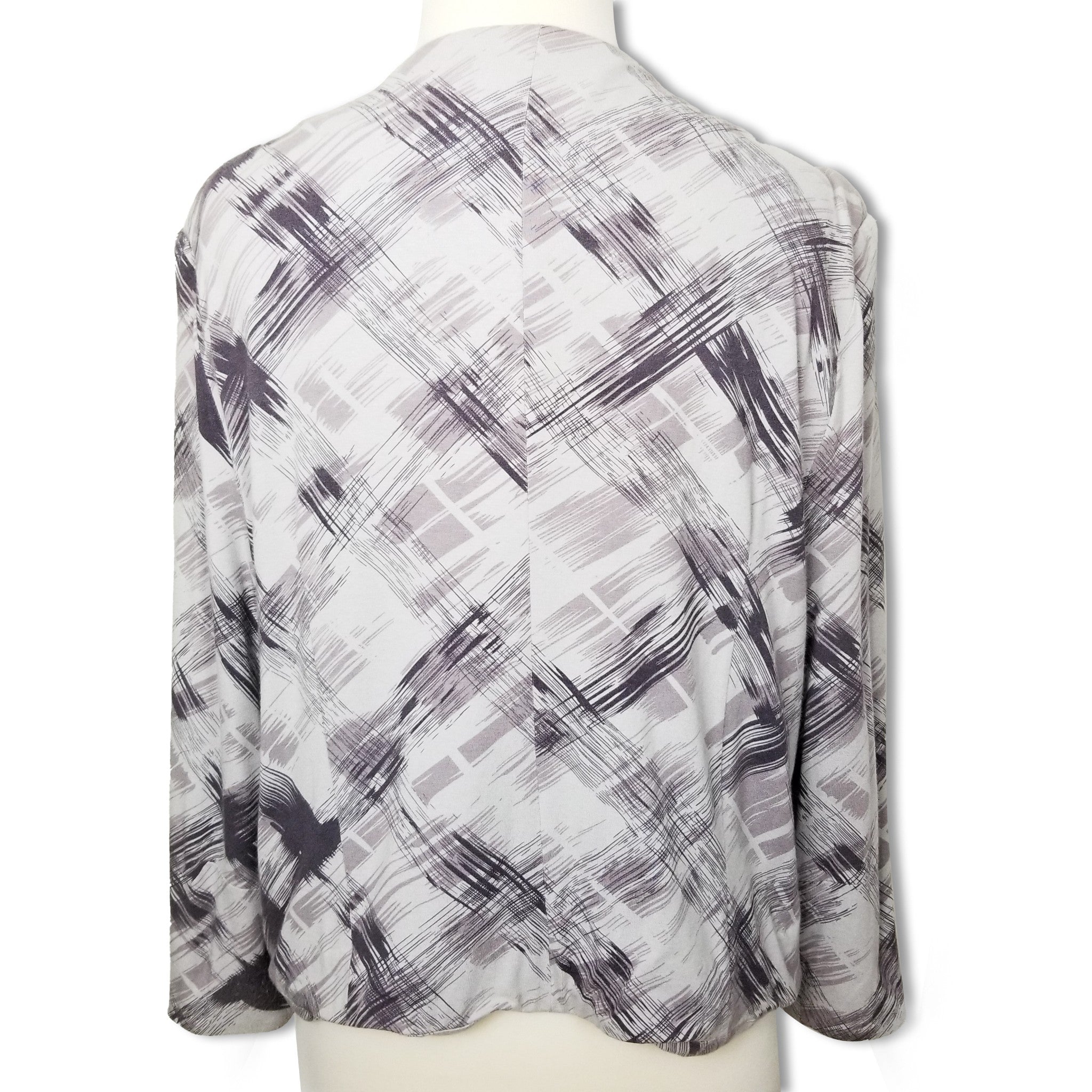 Jacqui E Women's Cardigan XL Grey Faded Purple 3/4 Sleeves Open Front Jacket
