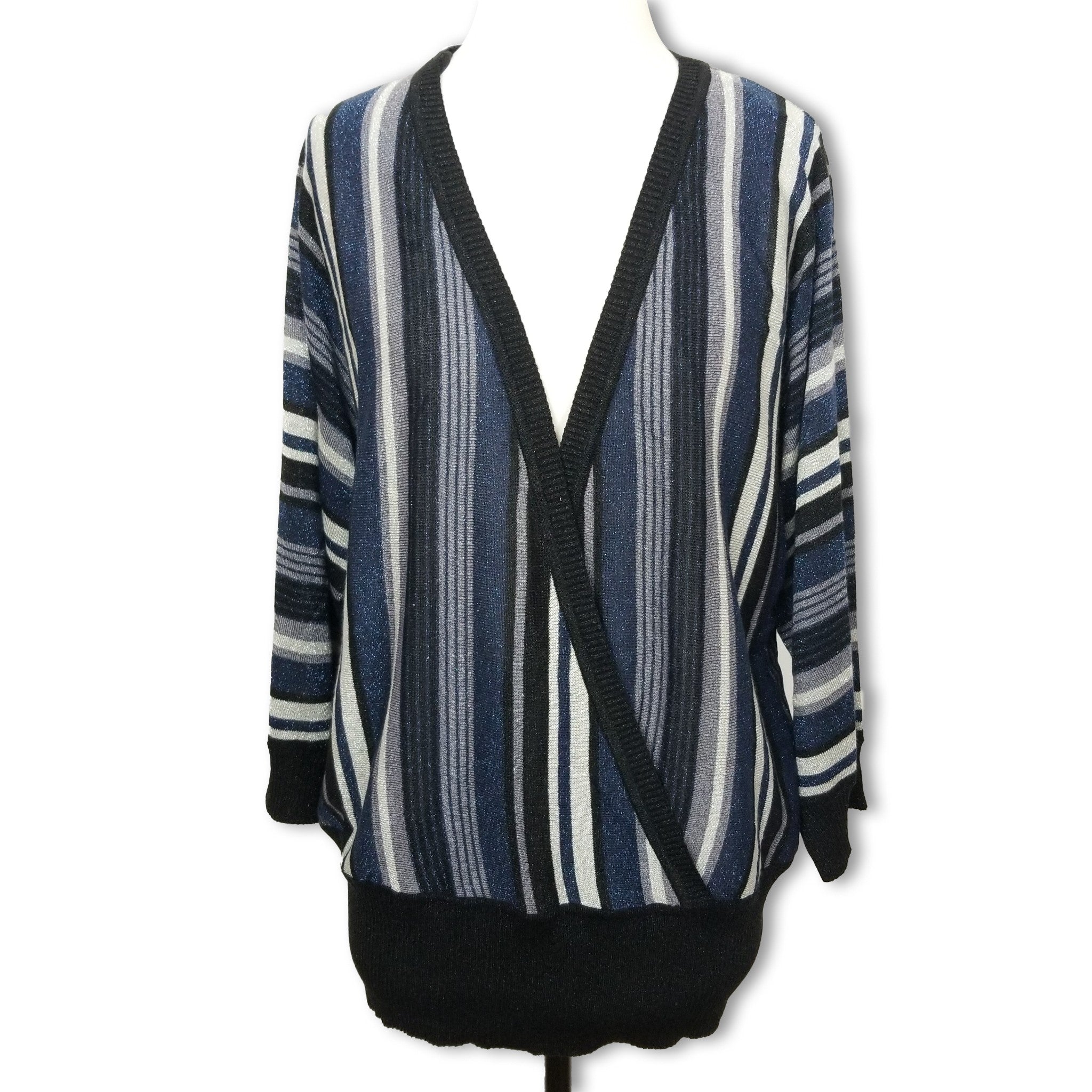 Millers Women's Shiny Glittery Sparkly Black Blue Grey Striped Long Sleeve Top L