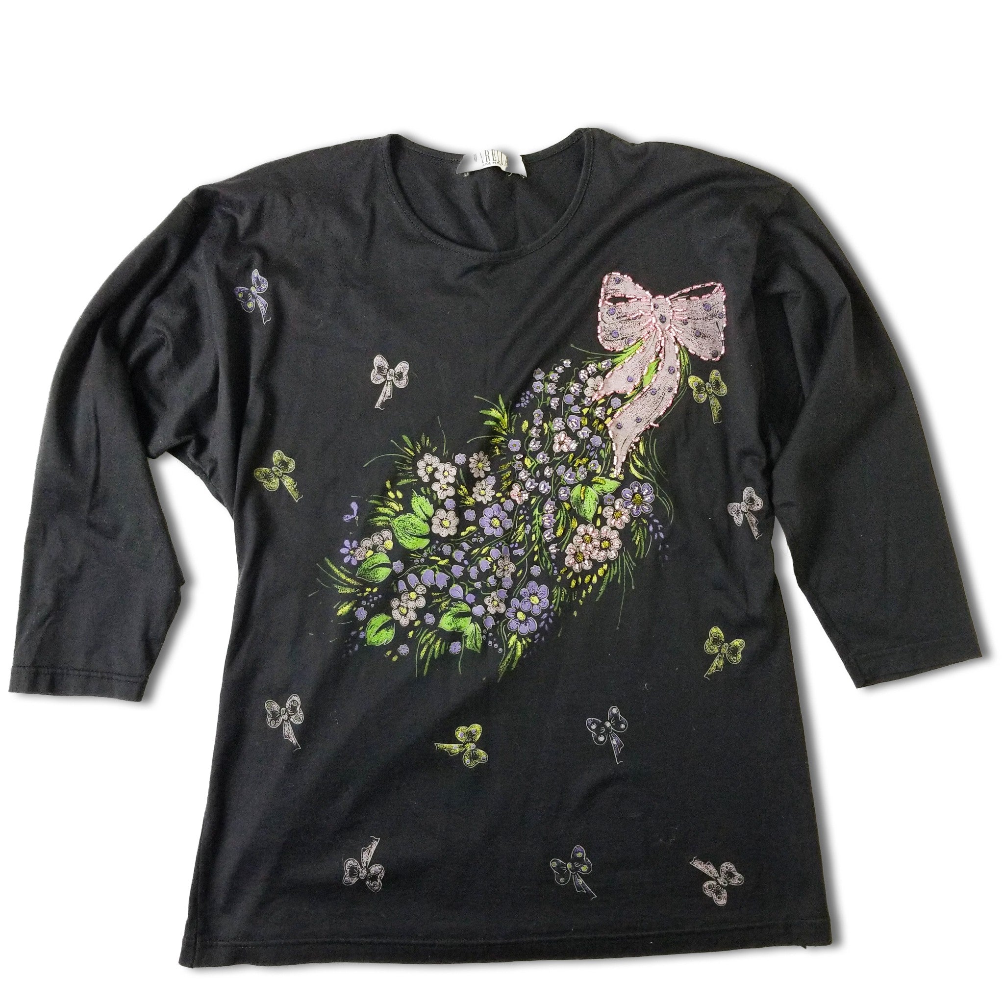 Marella Casual Black Floral Beaded 3/4 Sleeves Women's Top Made in Italy
