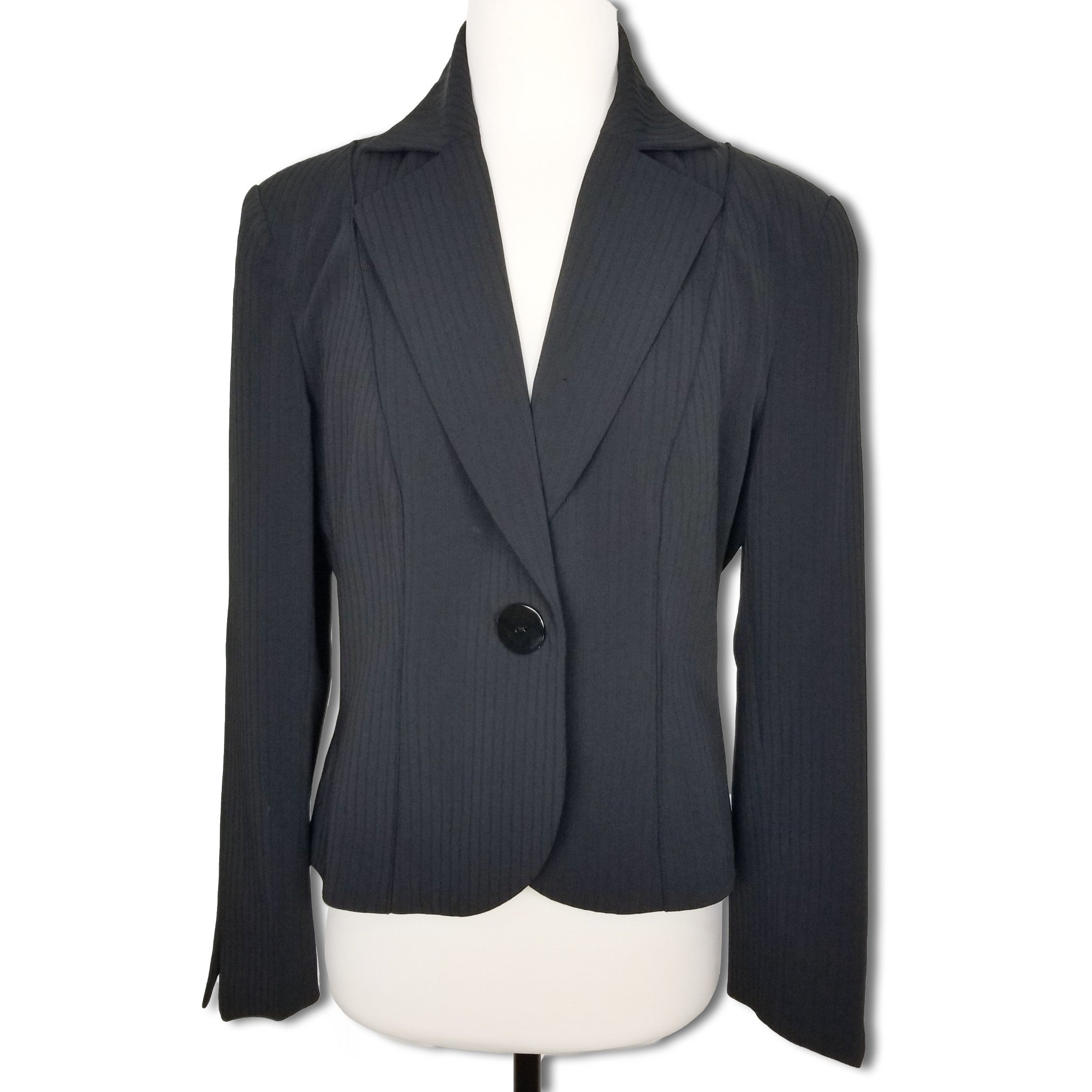 Liz Jordan Black Pinstripe One Button Front Women's Blazer Collared Jacket 10
