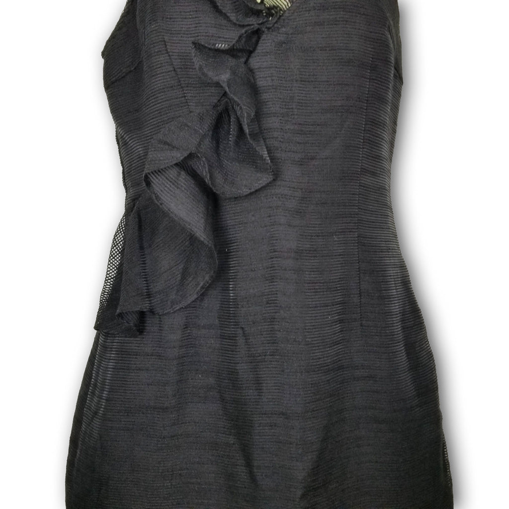 Keepsake Black Sleeveless Asymmetrical Hem Women's Midi Dress Ruffled Neck XS