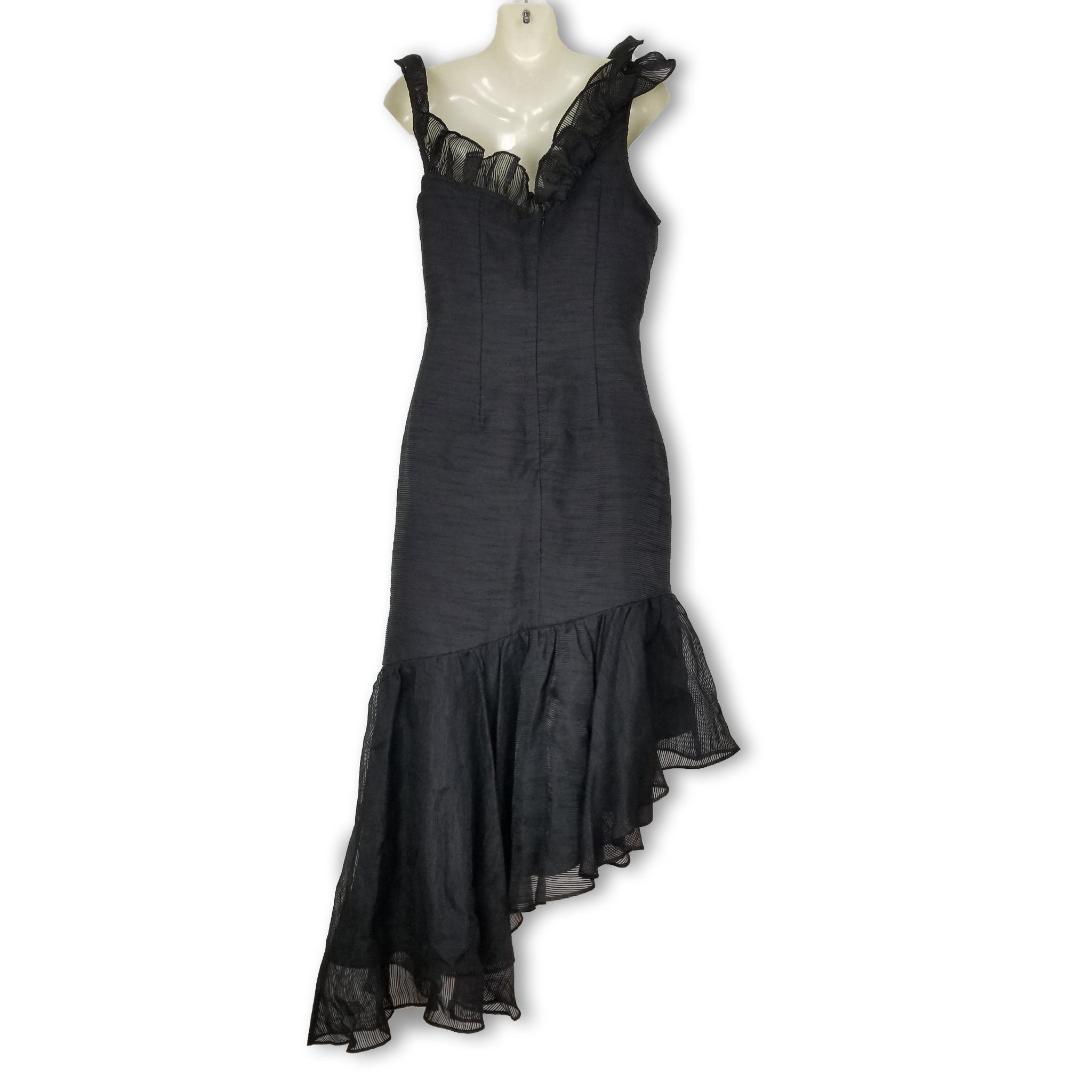Keepsake Black Sleeveless Asymmetrical Hem Women's Midi Dress Ruffled Neck XS