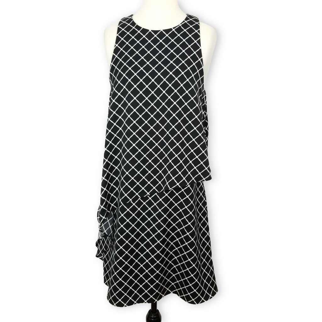 Piper Formal Black White Layered Sleeveless Women's Midi Dress Keyhole Back Sz 8