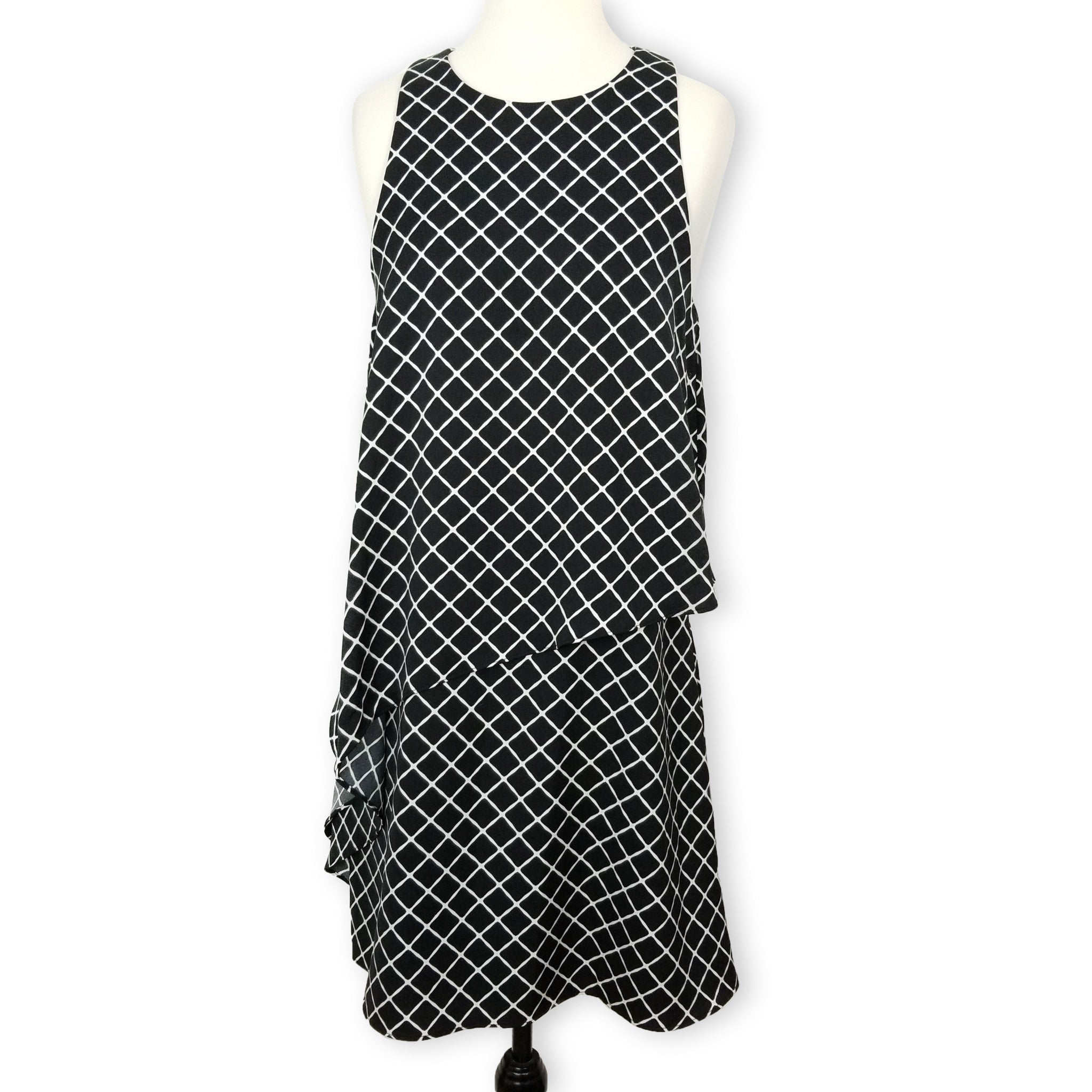 Piper Formal Black White Layered Sleeveless Women's Midi Dress Keyhole Back Sz 8