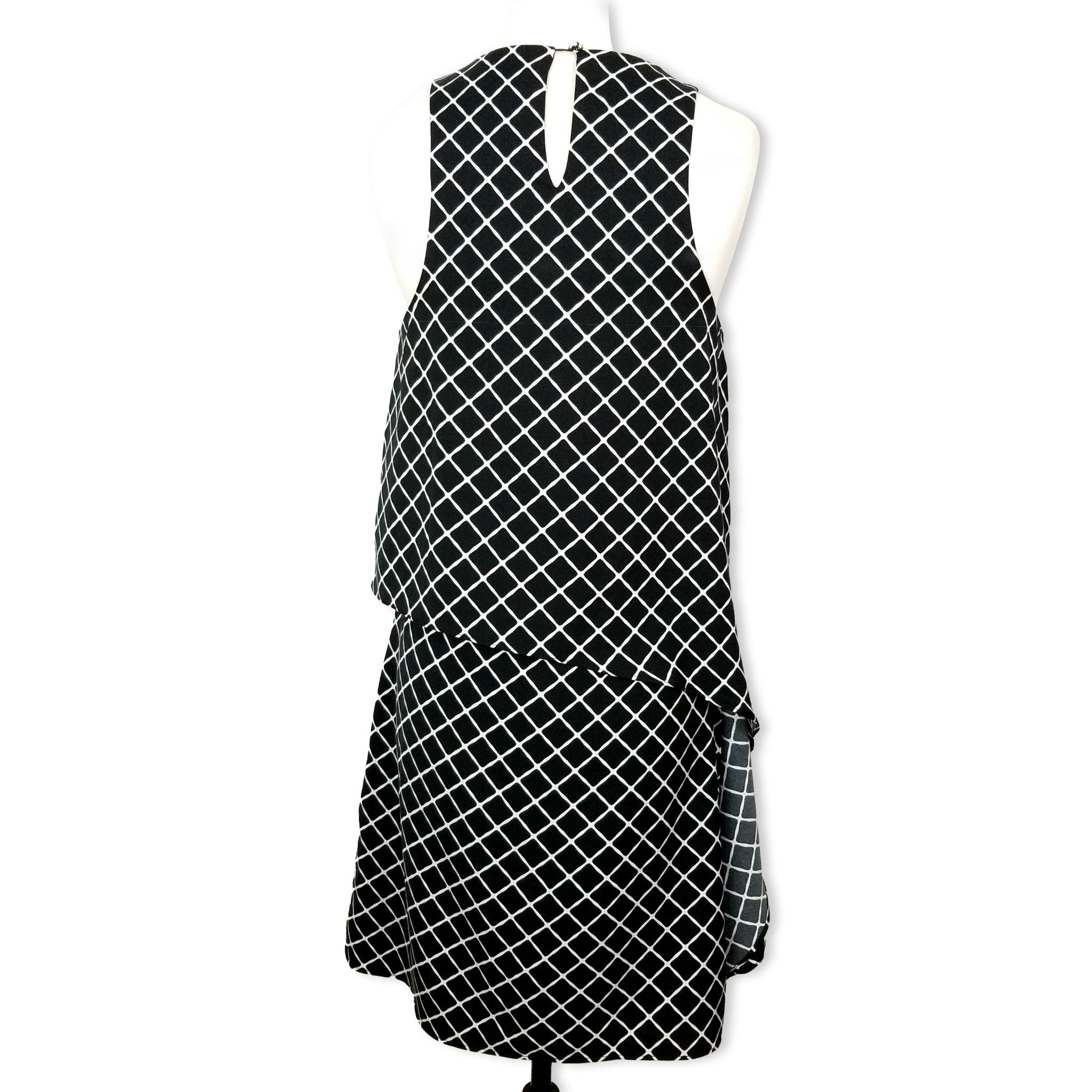 Piper Formal Black White Layered Sleeveless Women's Midi Dress Keyhole Back Sz 8