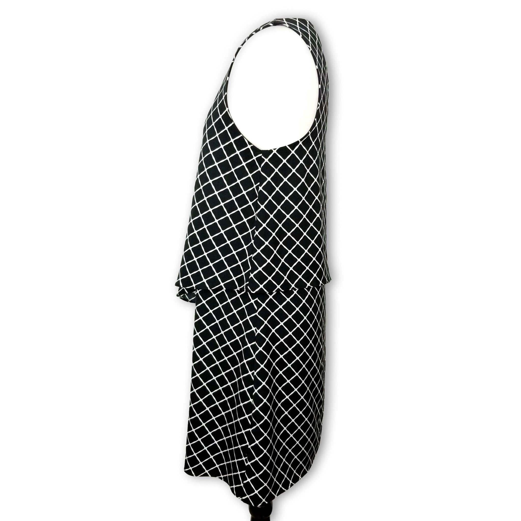 Piper Formal Black White Layered Sleeveless Women's Midi Dress Keyhole Back Sz 8