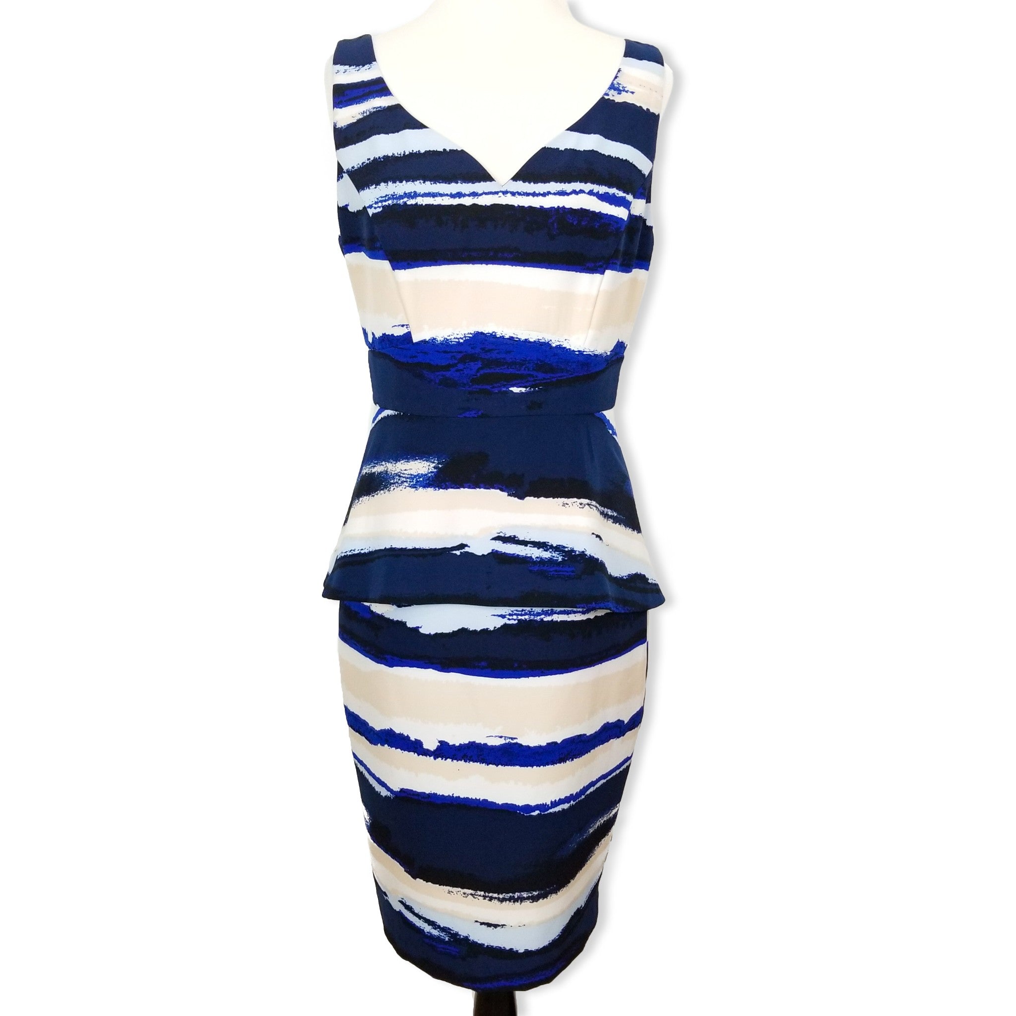 Jacqui E Women's Designer Peplum Dress Blue White Cream Black Sleeveless 10 M
