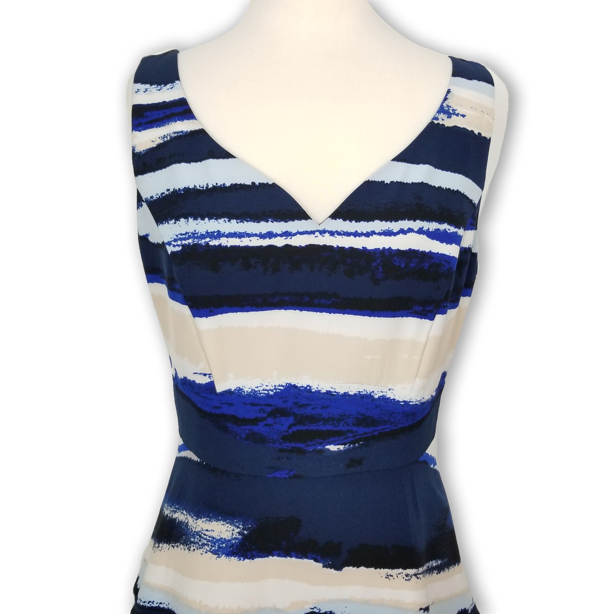 Jacqui E Women's Designer Peplum Dress Blue White Cream Black Sleeveless 10 M