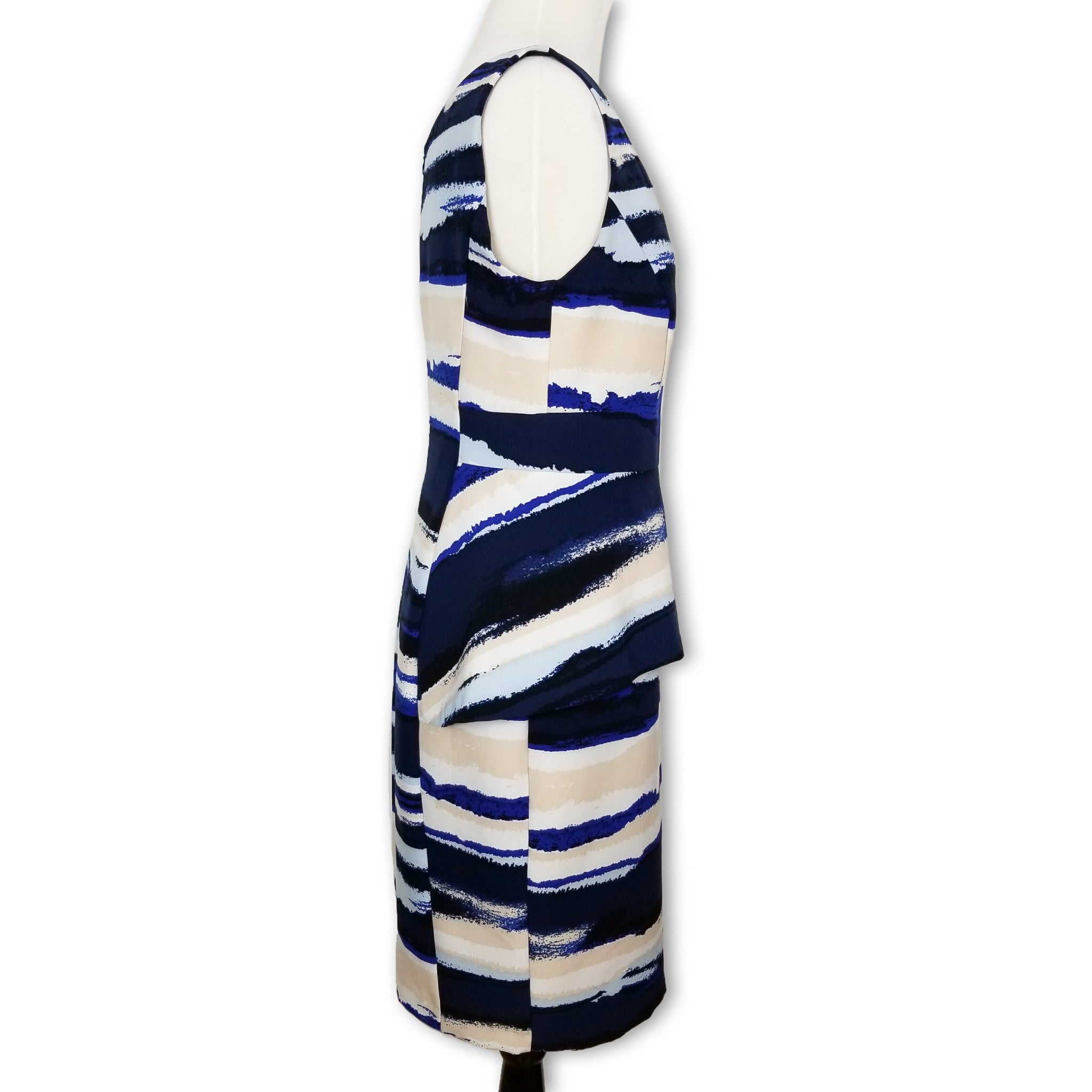 Jacqui E Women's Designer Peplum Dress Blue White Cream Black Sleeveless 10 M