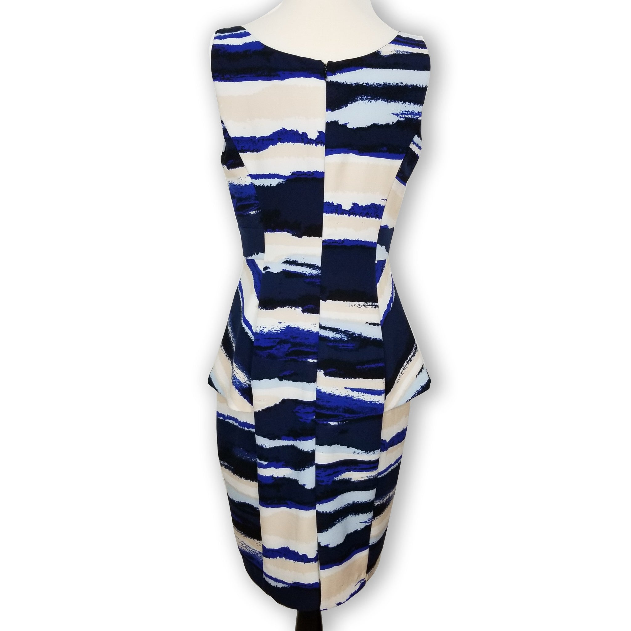 Jacqui E Women's Designer Peplum Dress Blue White Cream Black Sleeveless 10 M