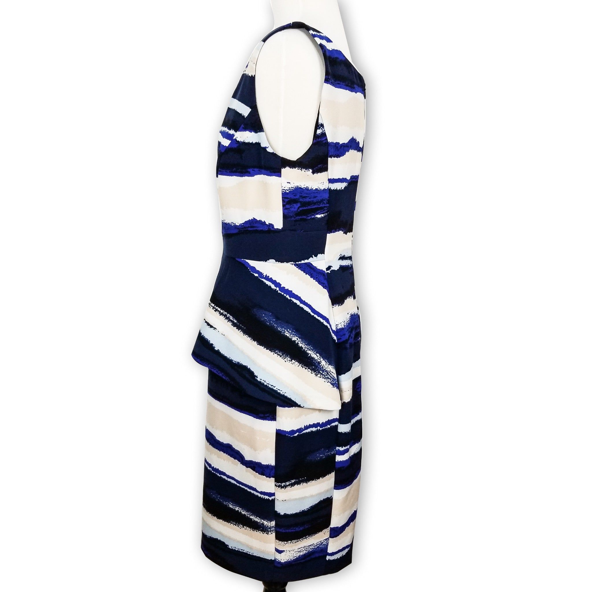 Jacqui E Women's Designer Peplum Dress Blue White Cream Black Sleeveless 10 M