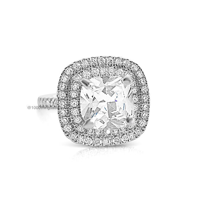 Womens Sterling Silver Double Halo Cushion Cut Simulated Wedding Engagement Ring