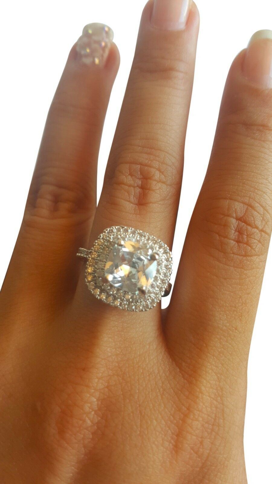 Womens Sterling Silver Double Halo Cushion Cut Simulated Wedding Engagement Ring
