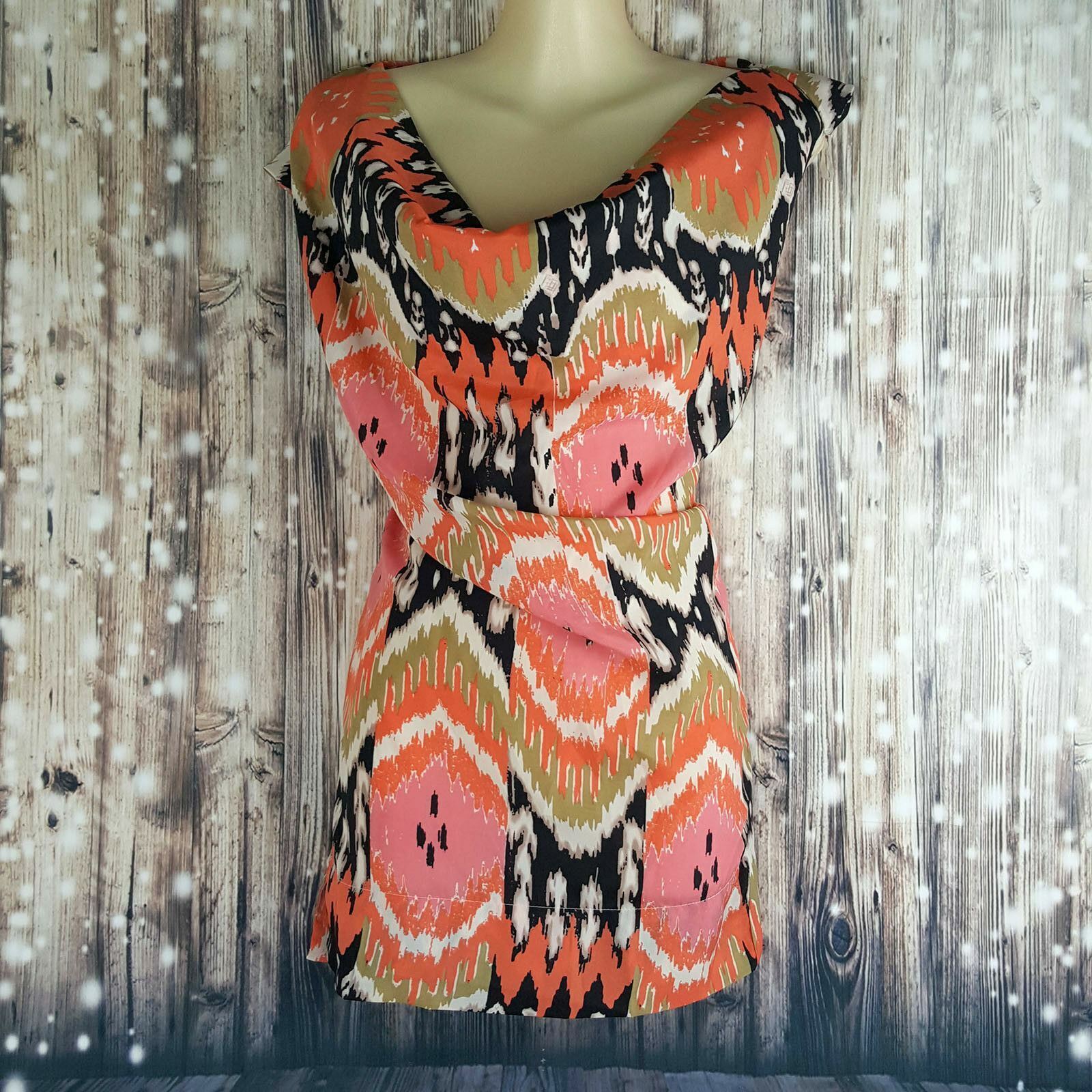 BARKINS Women's Cowl Neck Fashion Blouse Orange Black White Sleeveless Work Top