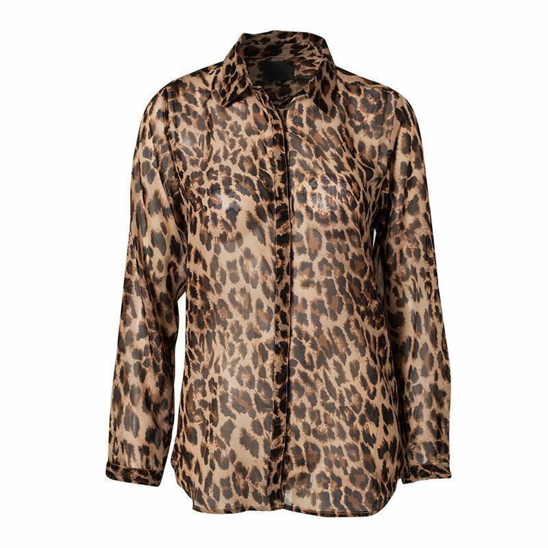 ANSELF Brown Leopard Print Semi-Sheer Long Sleeves Ladies Elegant Slim Work Top