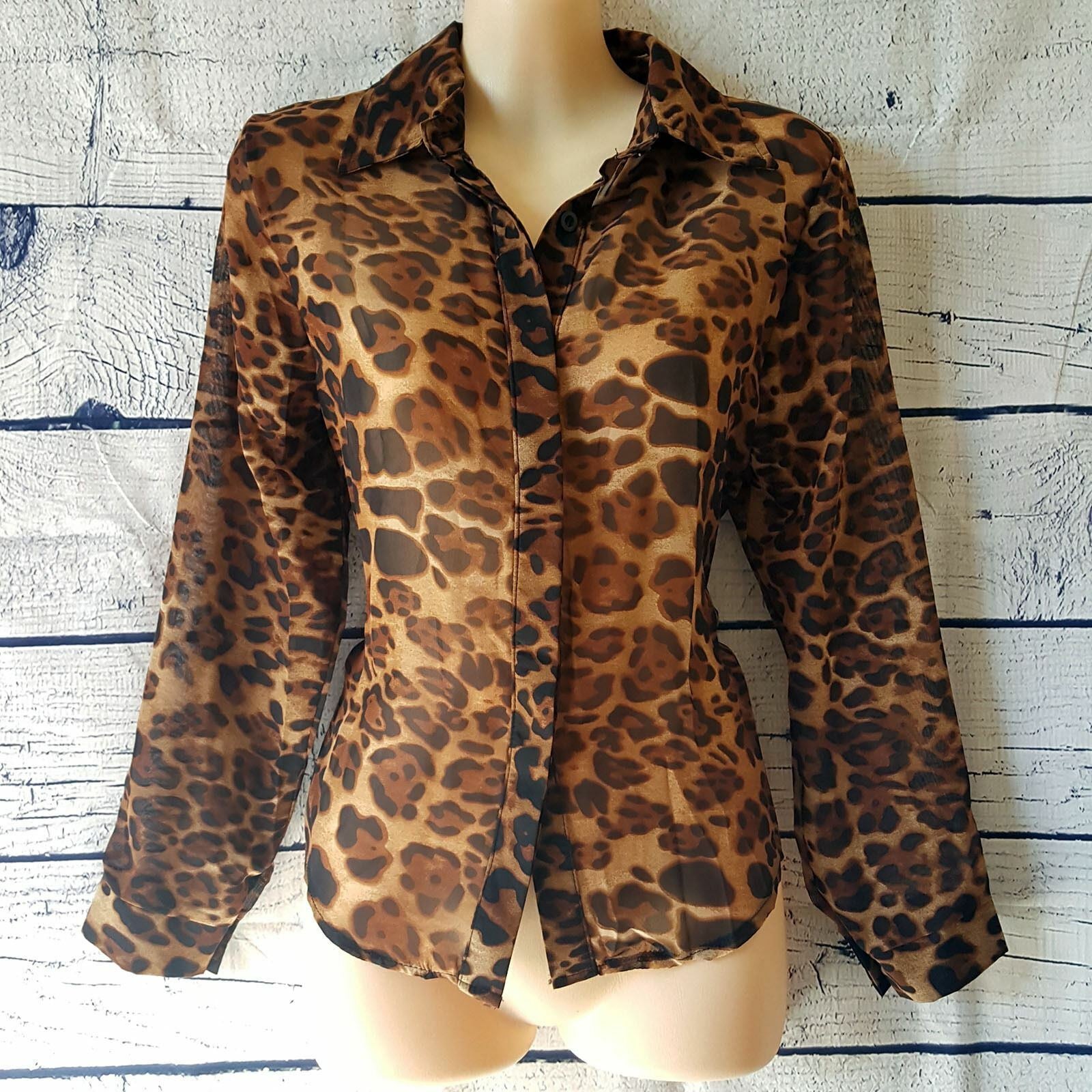ANSELF Brown Leopard Print Semi-Sheer Long Sleeves Ladies Elegant Slim Work Top