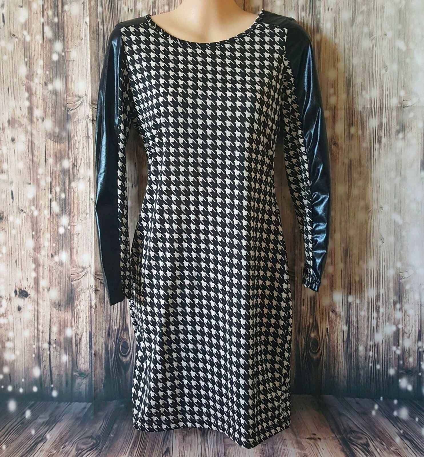 Women Black & White Long Sleeve Fashion Bodycon Cotton Dress Houndstooth Design