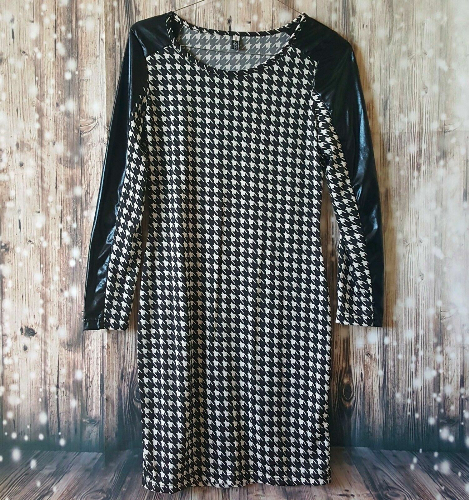 Women Black & White Long Sleeve Fashion Bodycon Cotton Dress Houndstooth Design