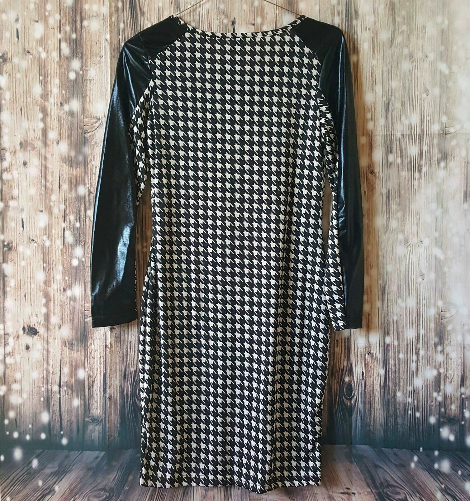 Women Black & White Long Sleeve Fashion Bodycon Cotton Dress Houndstooth Design