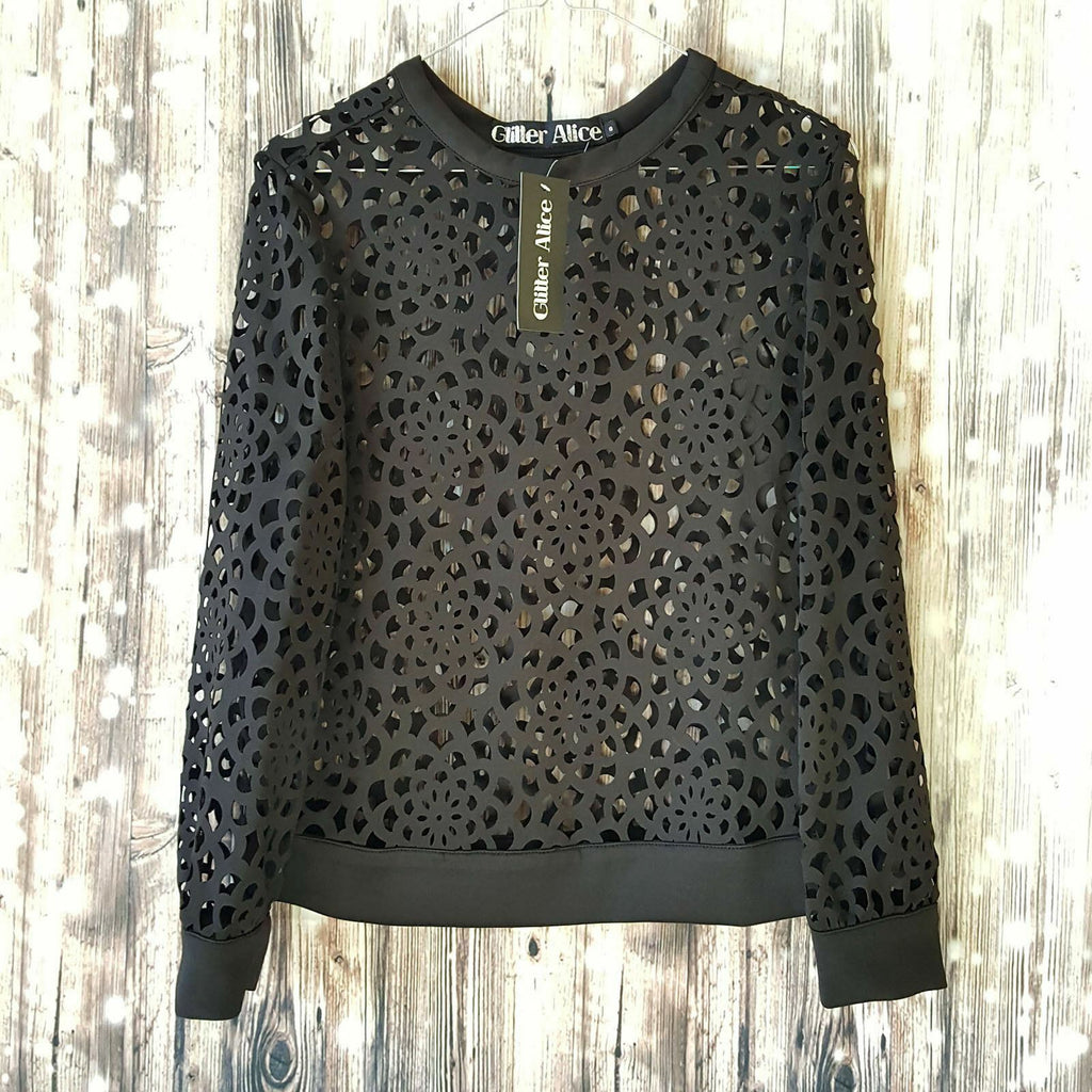 GLITTER ALICE Women's Black See-Through Long Sleeve Blouse Ladies Casual Top