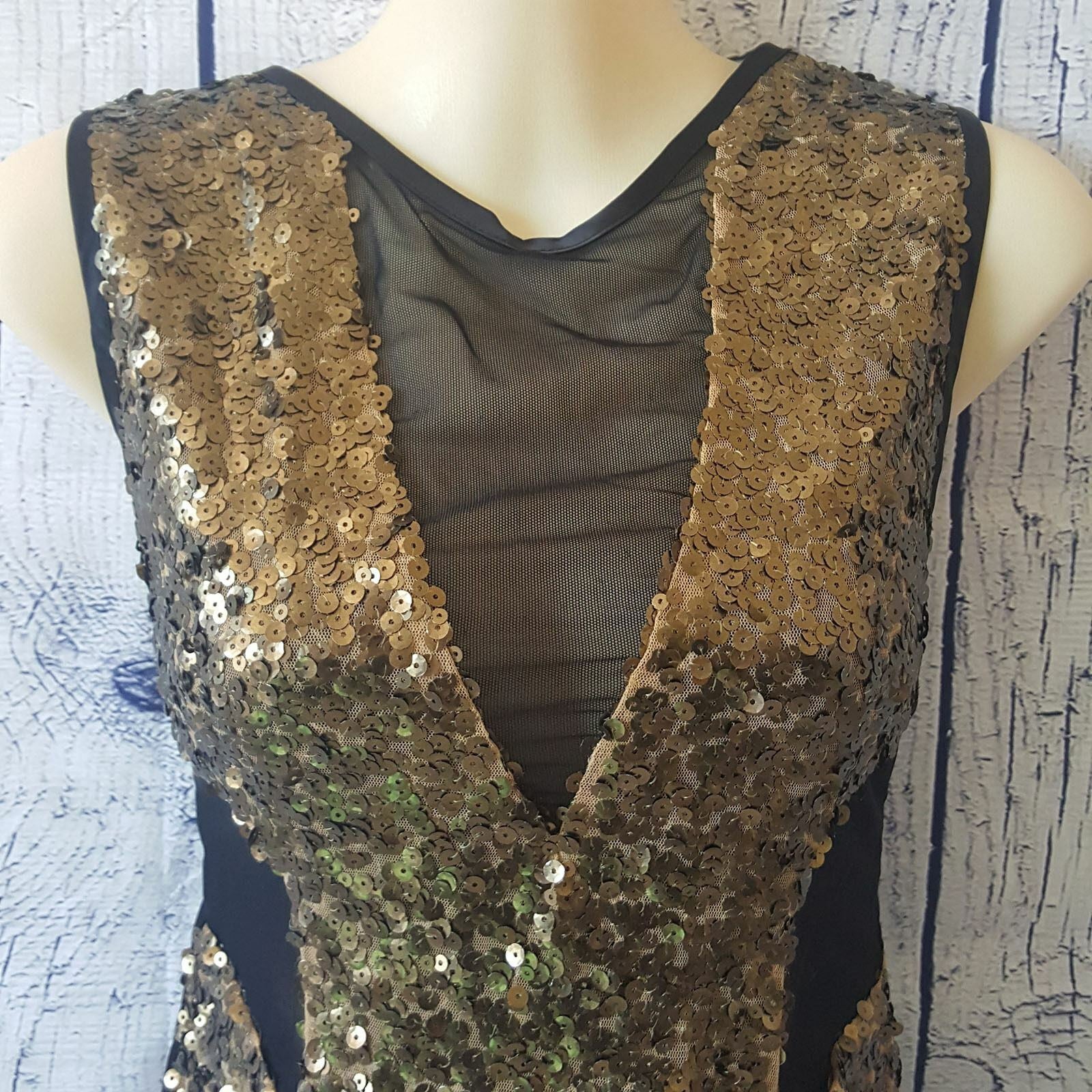 ASOS Gold Black Women's Deep V-Neck Mesh Sleeveless Cocktail Ladies Party Dress