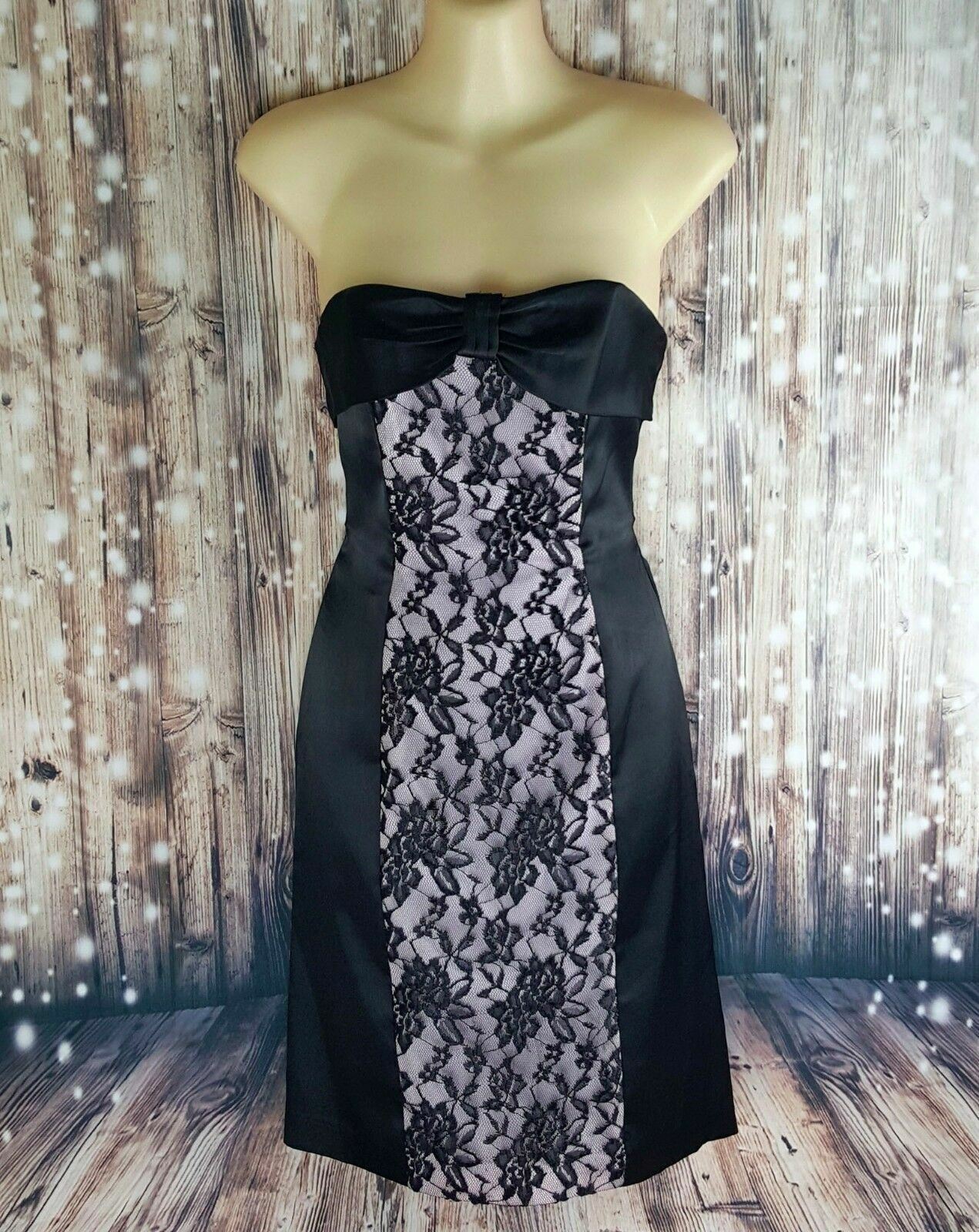 MISS ANNE Women's Black Pink Lace Strapless Cocktail Dress Fashion Formal Outfit