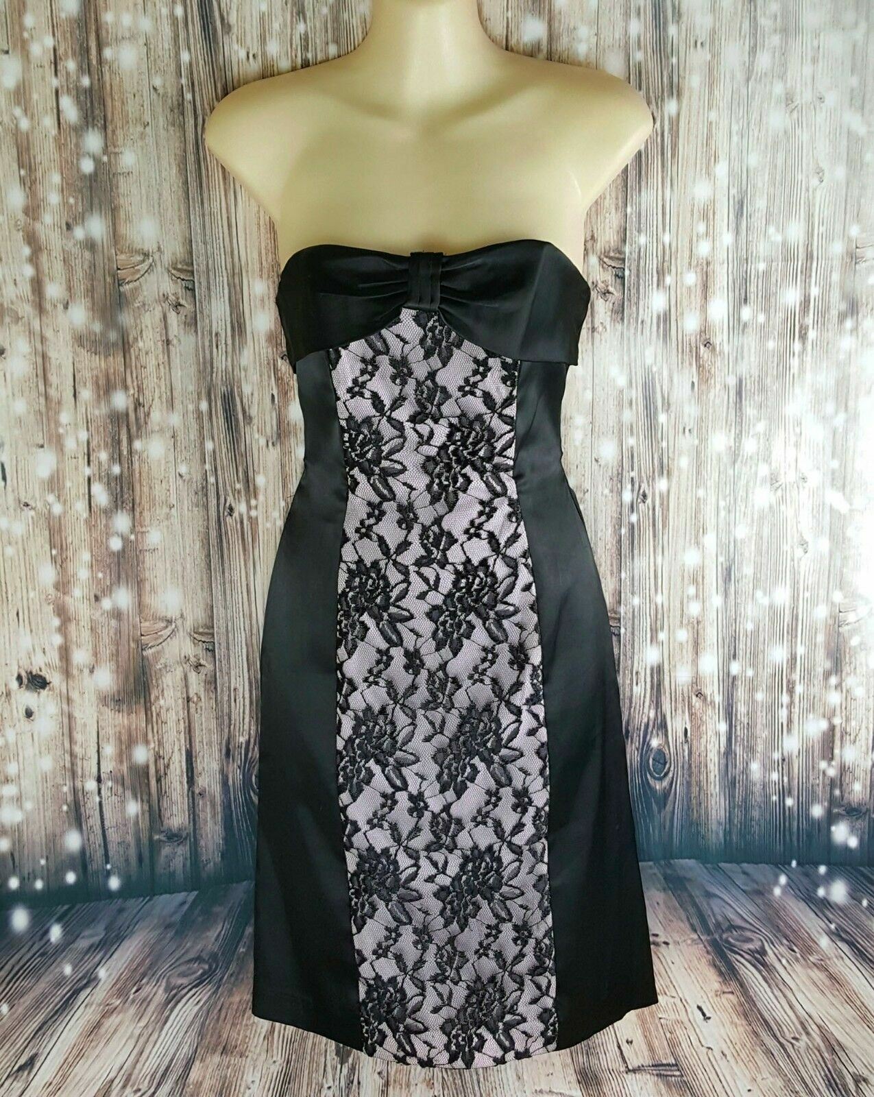 MISS ANNE Women's Black Pink Lace Strapless Cocktail Dress Fashion Formal Outfit