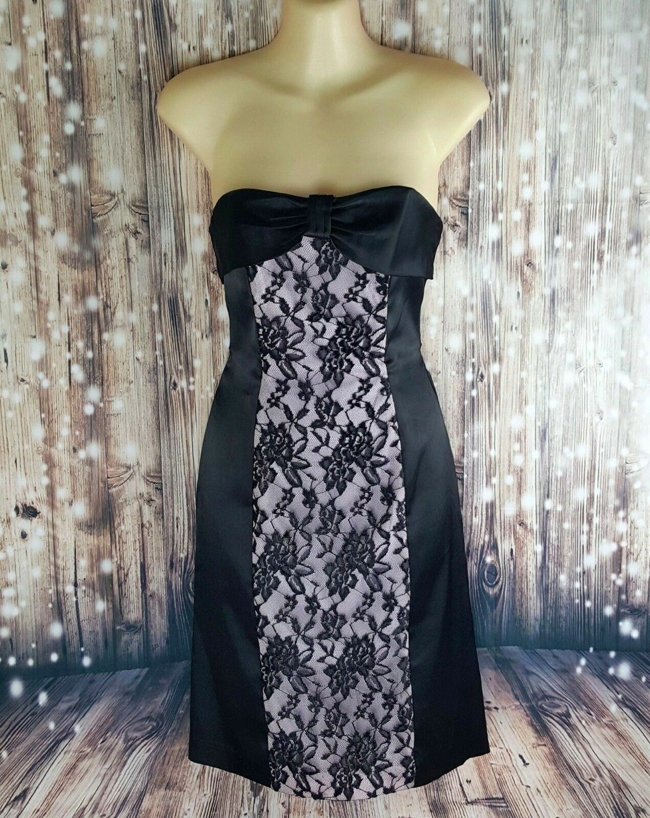 MISS ANNE Women's Black Pink Lace Strapless Cocktail Dress Fashion Formal Outfit