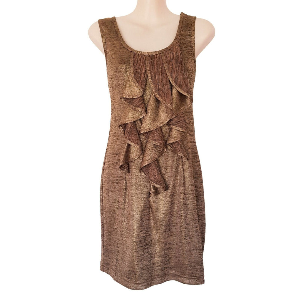 REVIEW Women's Sexy Metallic Gold Bronze Sleeveless Bodycon Layered Ruffle Dress