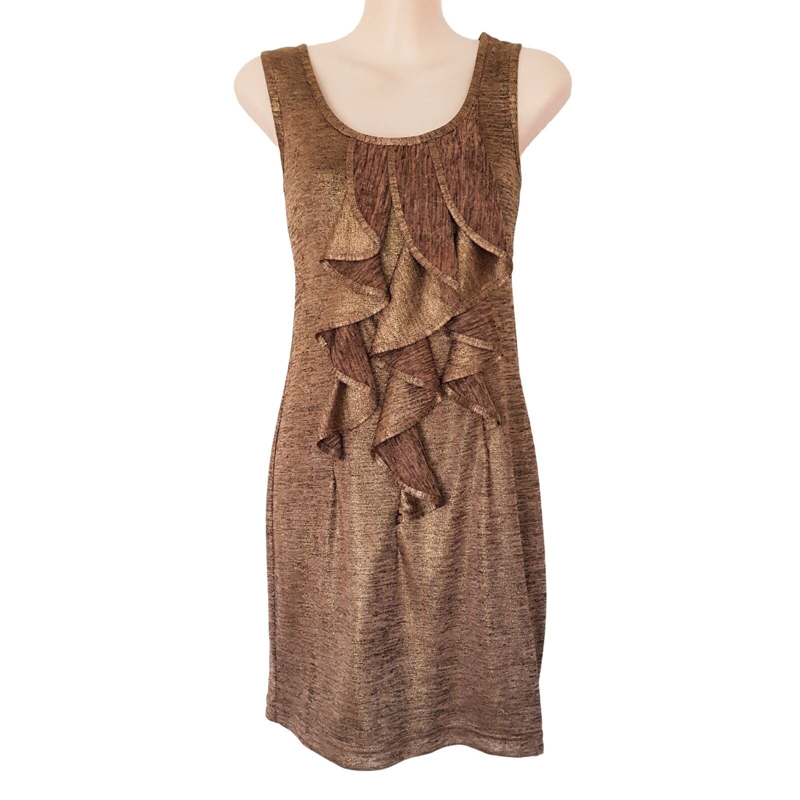 REVIEW Women's Sexy Metallic Gold Bronze Sleeveless Bodycon Layered Ruffle Dress