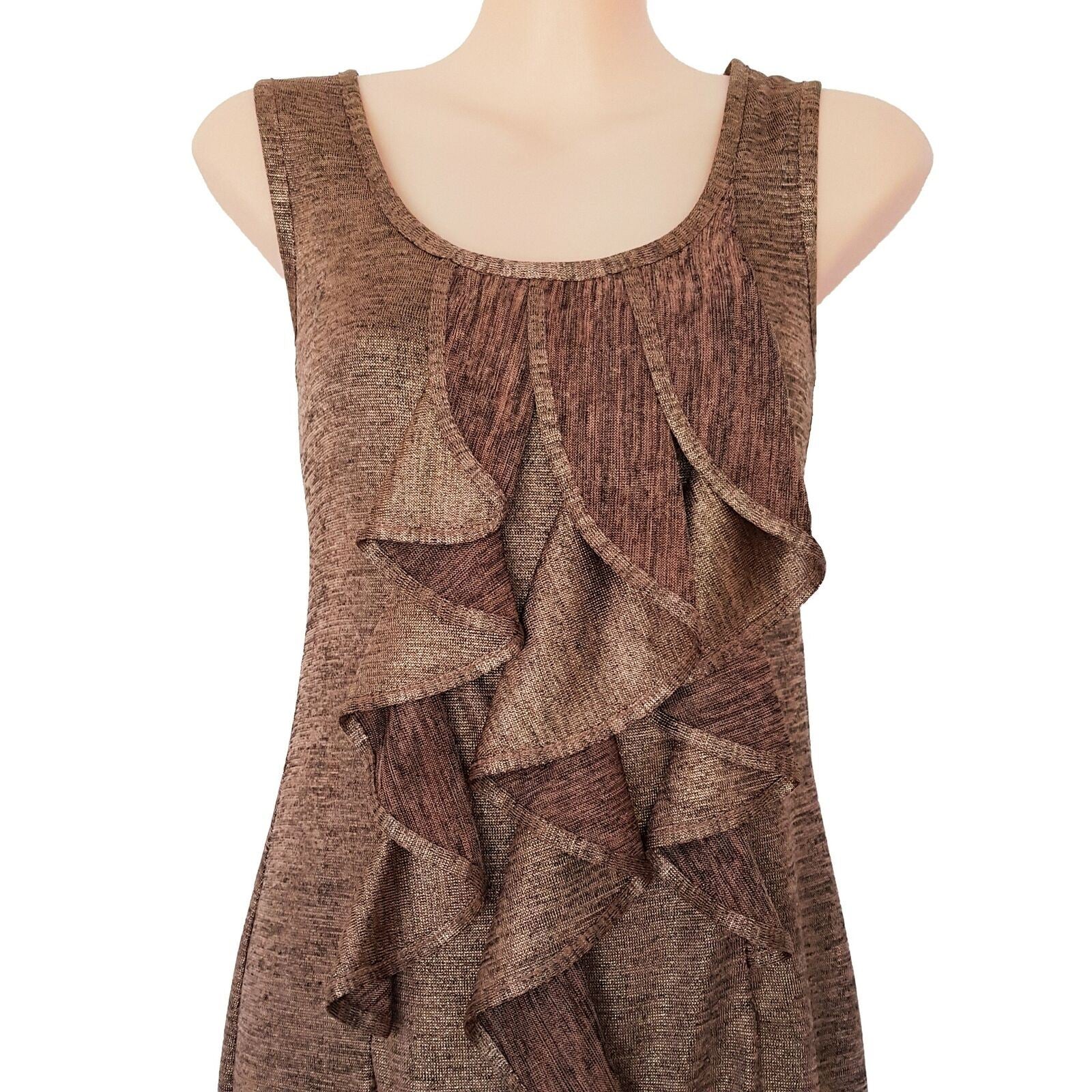 REVIEW Women's Sexy Metallic Gold Bronze Sleeveless Bodycon Layered Ruffle Dress