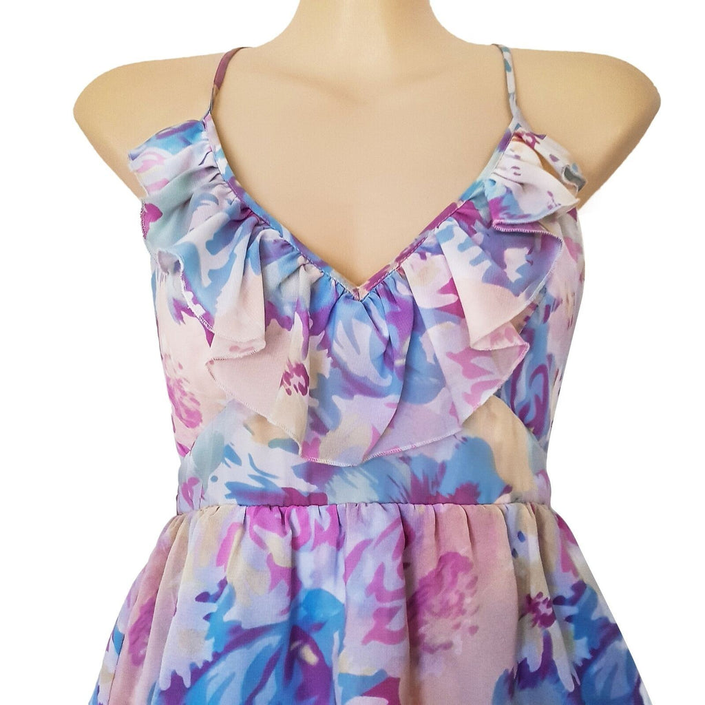 Bardot Floral Summer Dress Purple Pink Casual Boho Party Cocktail Size 8 Small