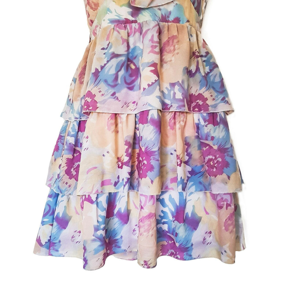 Bardot Floral Summer Dress Purple Pink Casual Boho Party Cocktail Size 8 Small