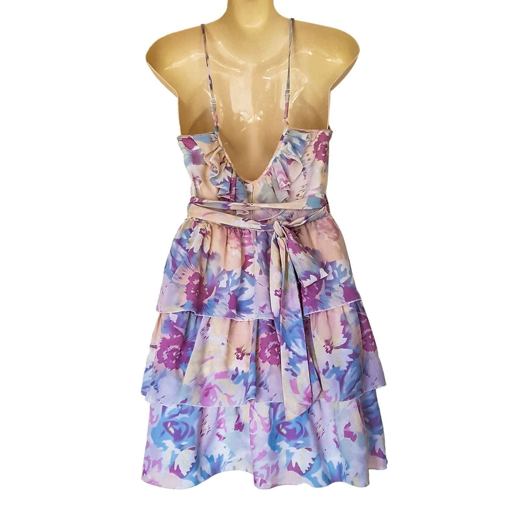 Bardot Floral Summer Dress Purple Pink Casual Boho Party Cocktail Size 8 Small