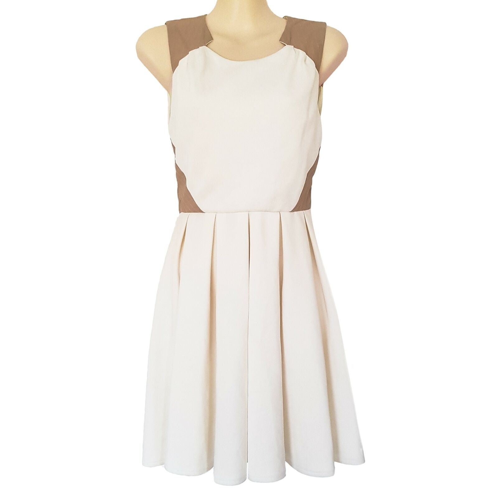 LUCY IN THE SKY Women's White Cream Beige Cut Out Pleated Skirt Sleeveless Dress