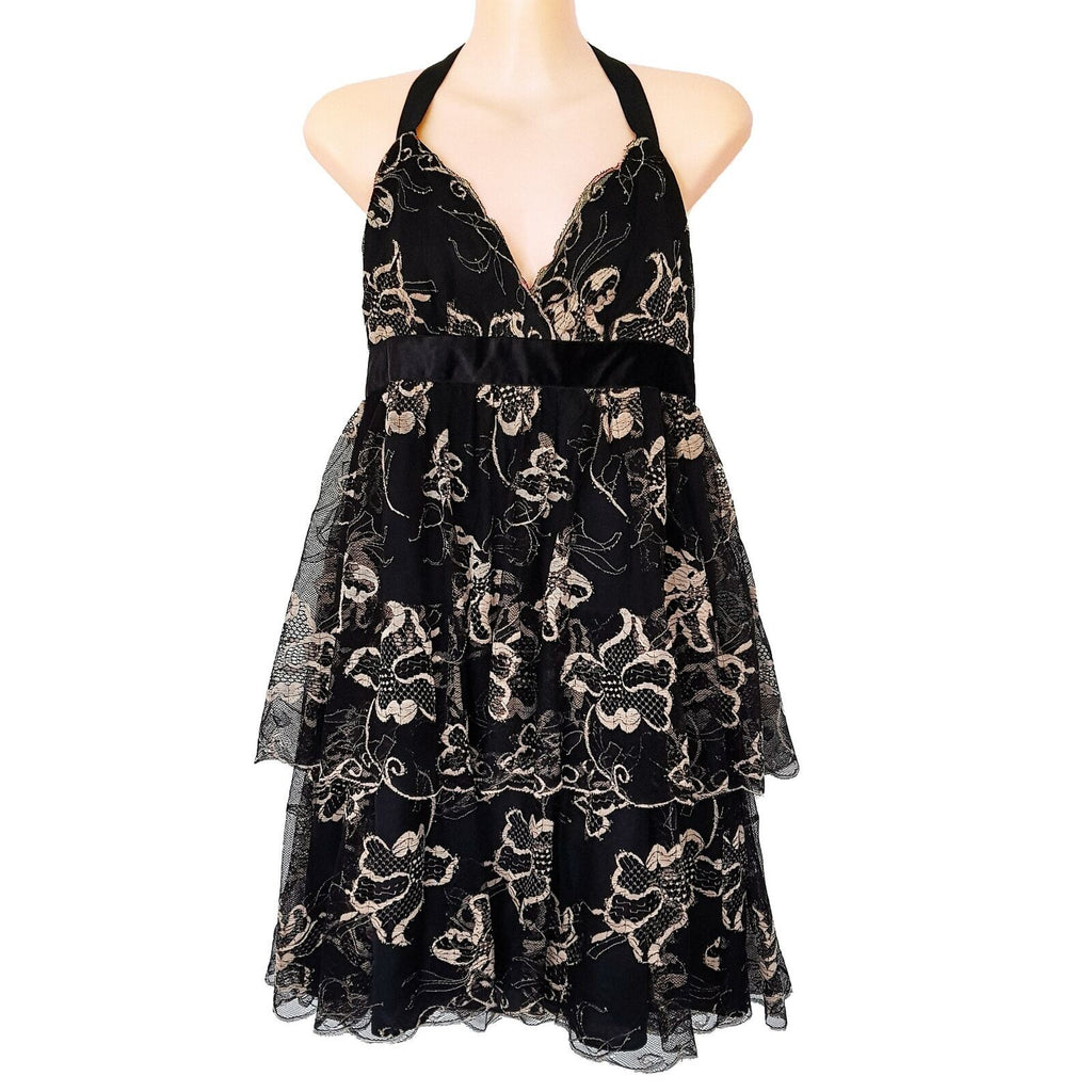 FOREVER NEW Sexy Cocktail Layered A-Line Black Gold Lace Mesh Dress Deep V-Neck