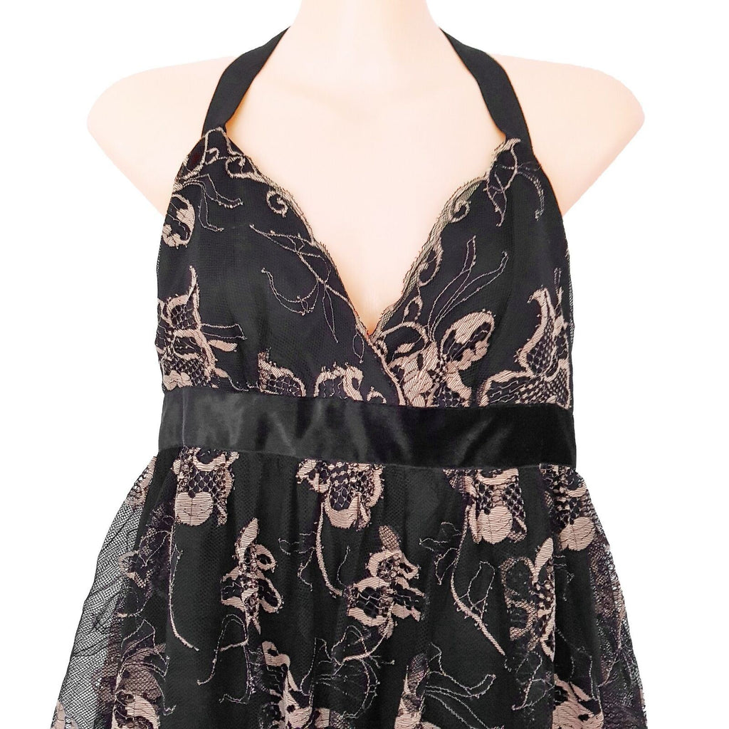 FOREVER NEW Sexy Cocktail Layered A-Line Black Gold Lace Mesh Dress Deep V-Neck