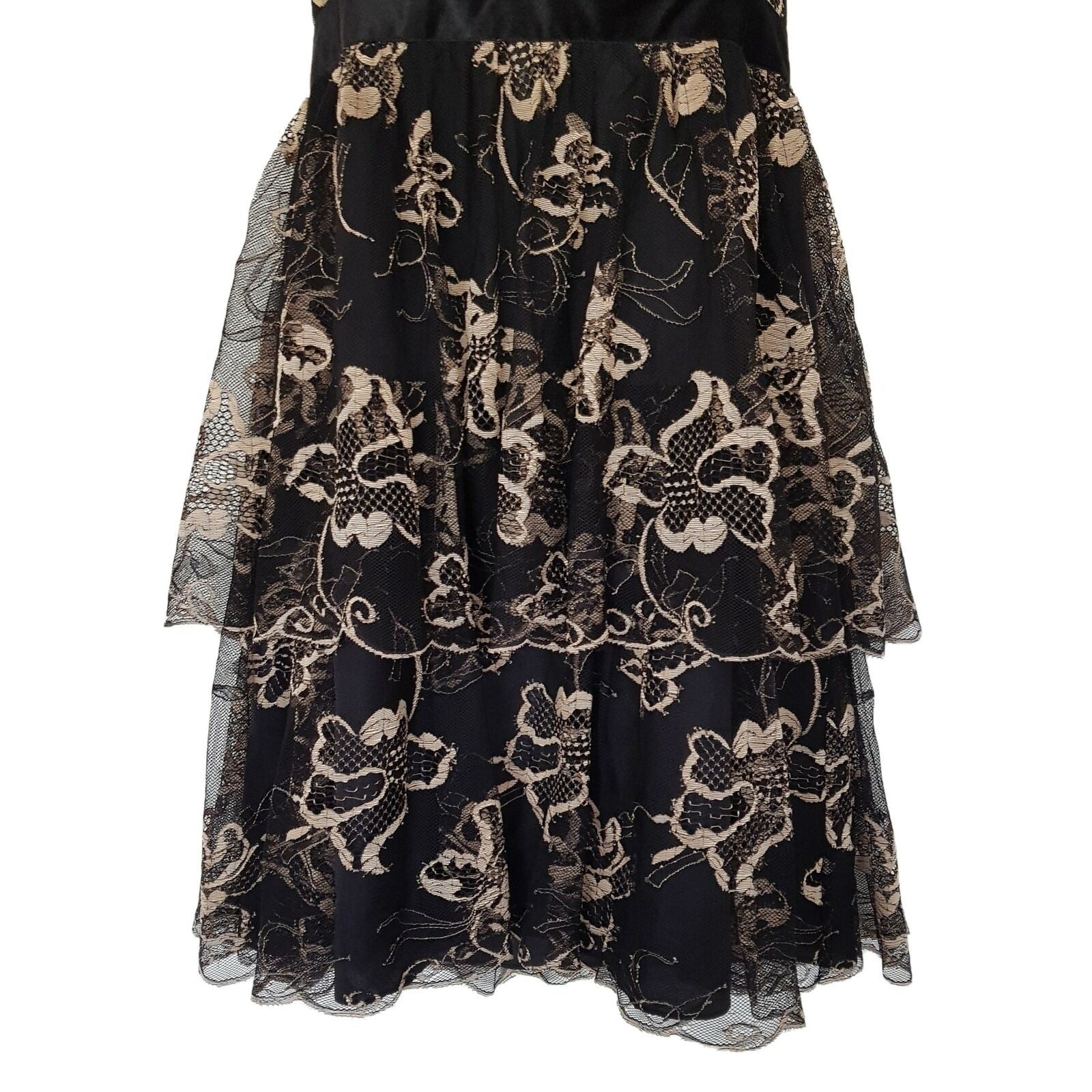FOREVER NEW Sexy Cocktail Layered A-Line Black Gold Lace Mesh Dress Deep V-Neck