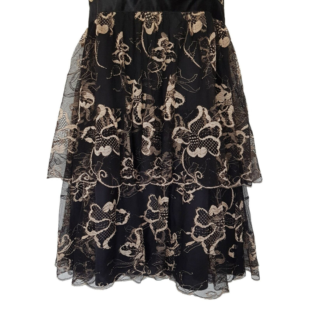 FOREVER NEW Sexy Cocktail Layered A-Line Black Gold Lace Mesh Dress Deep V-Neck