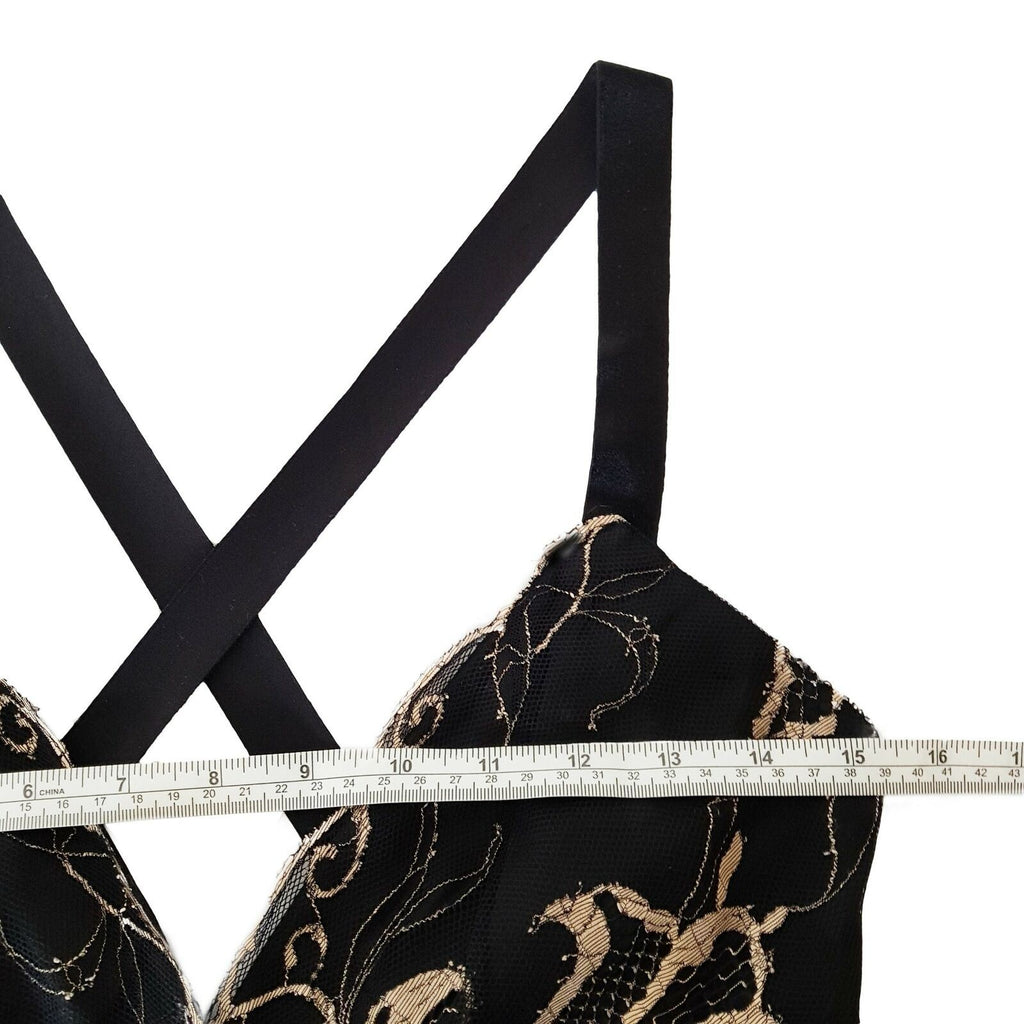 FOREVER NEW Sexy Cocktail Layered A-Line Black Gold Lace Mesh Dress Deep V-Neck
