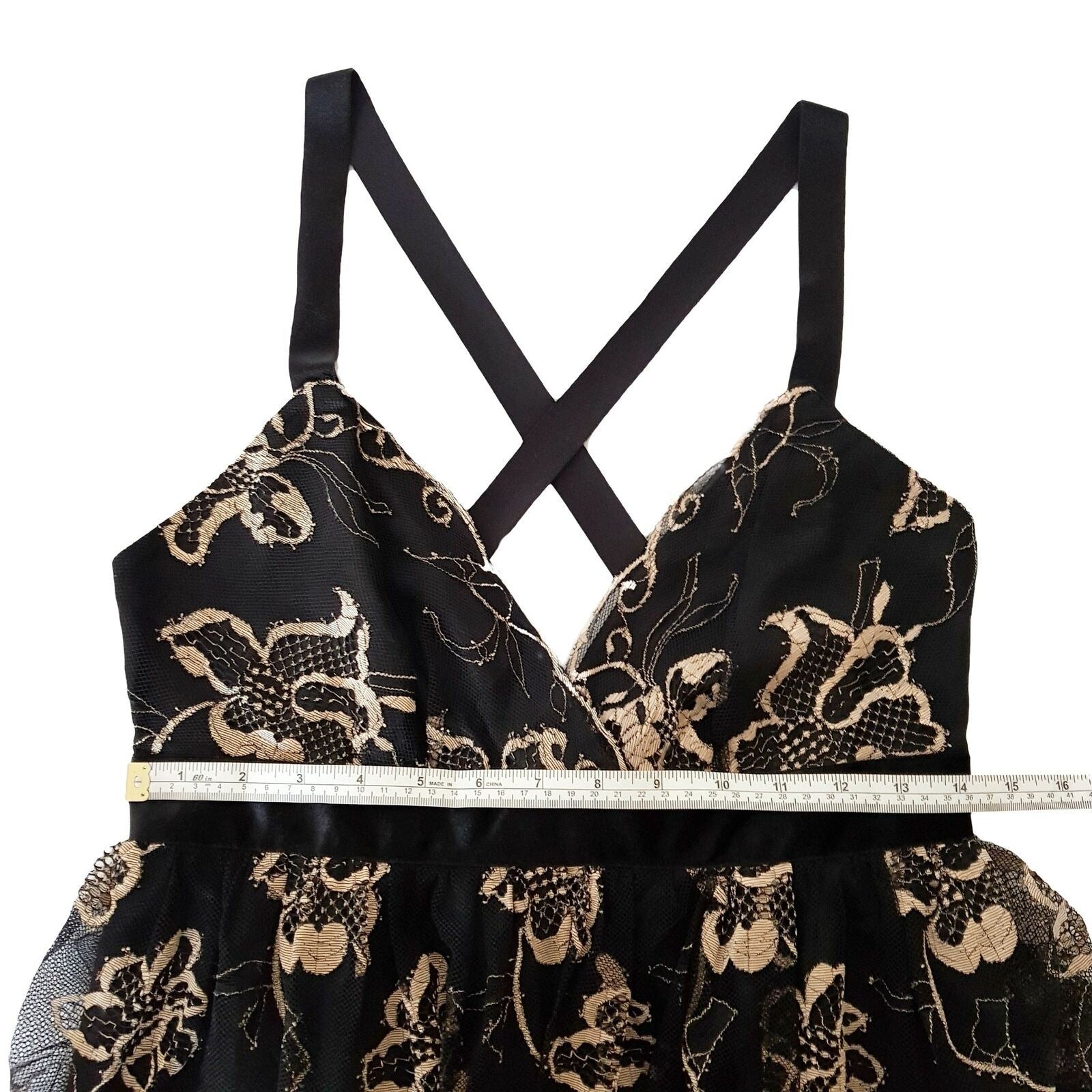 FOREVER NEW Sexy Cocktail Layered A-Line Black Gold Lace Mesh Dress Deep V-Neck