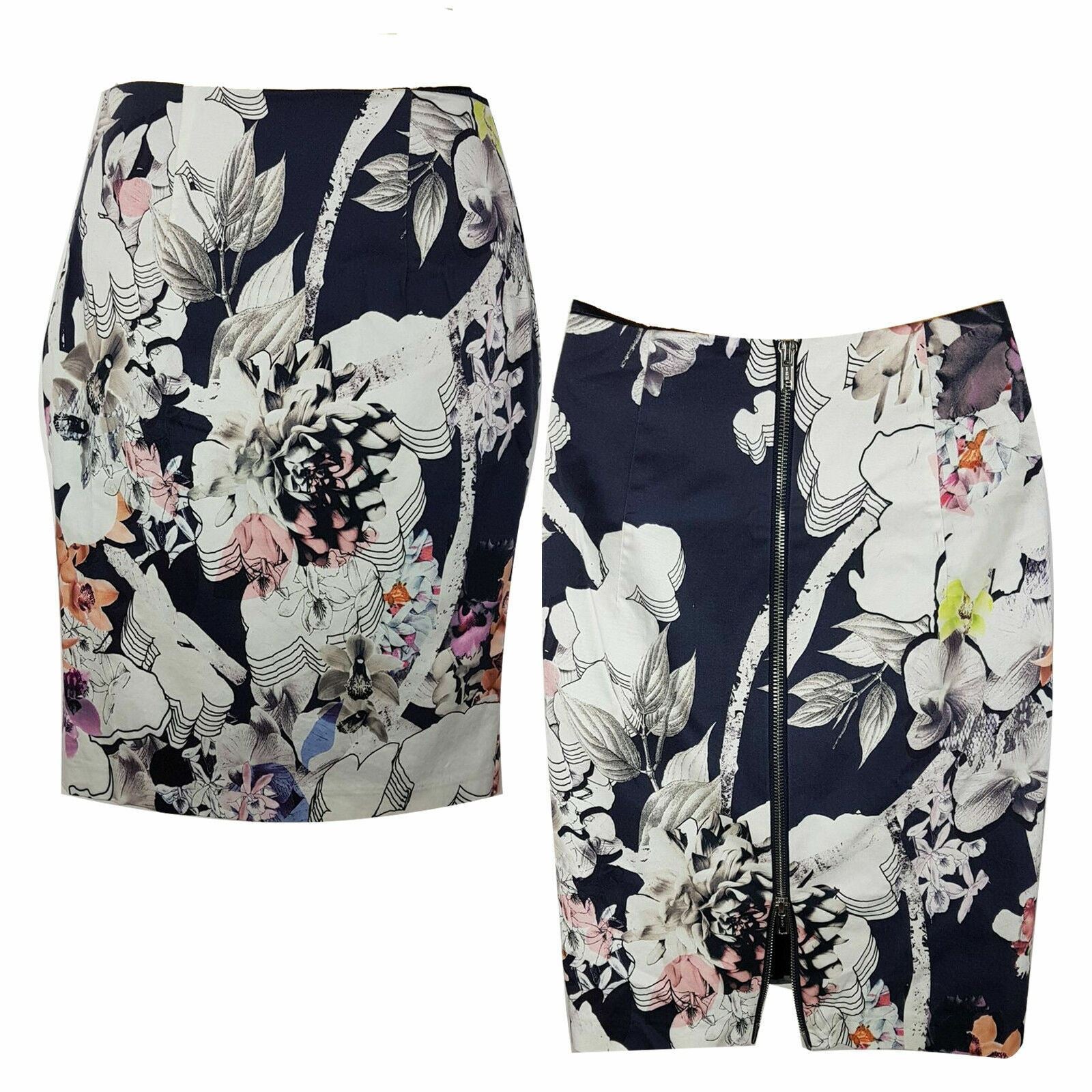 PORTMANS Women's White Navy Floral Fitted Pencil Straight Skirt Double Zipper