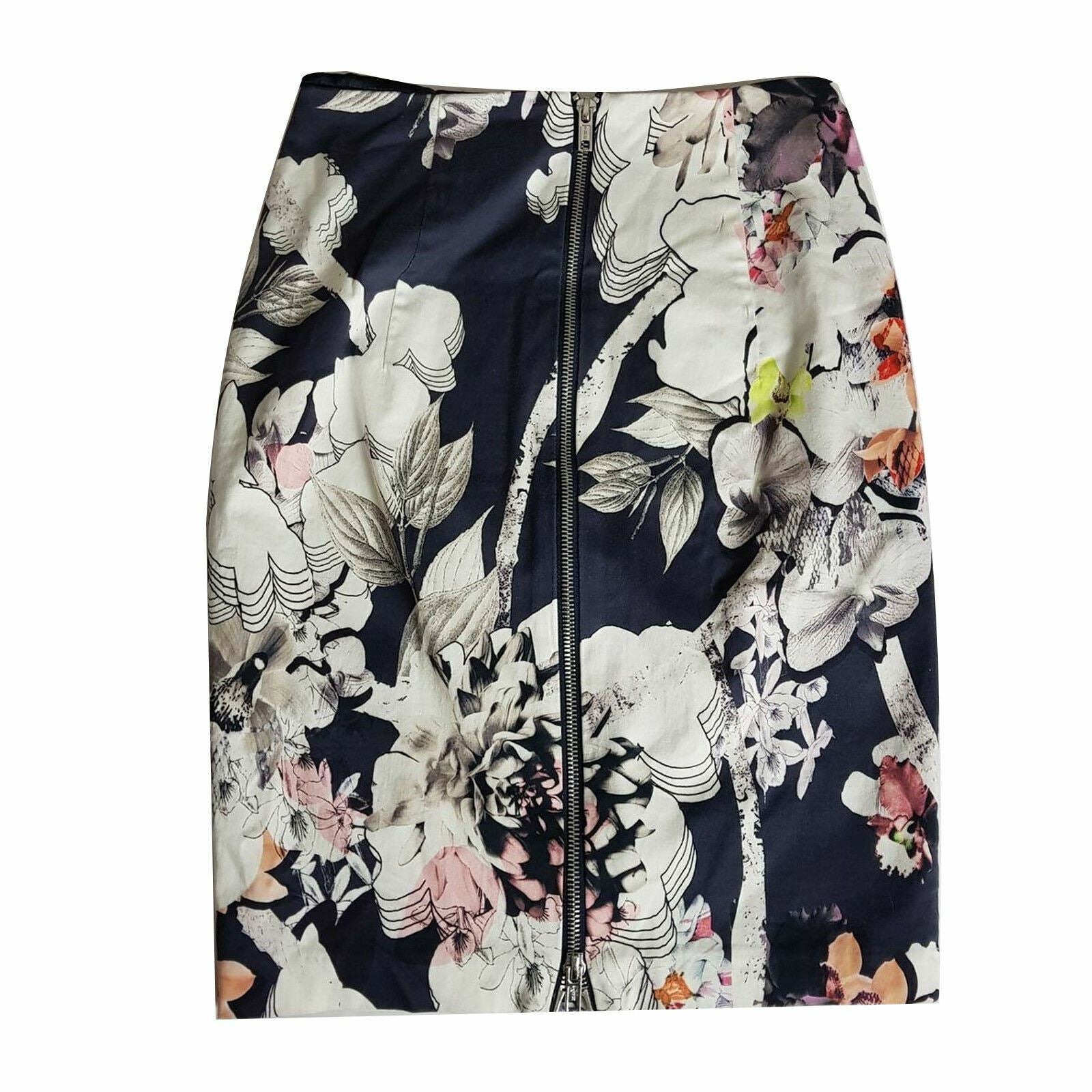 PORTMANS Women's White Navy Floral Fitted Pencil Straight Skirt Double Zipper