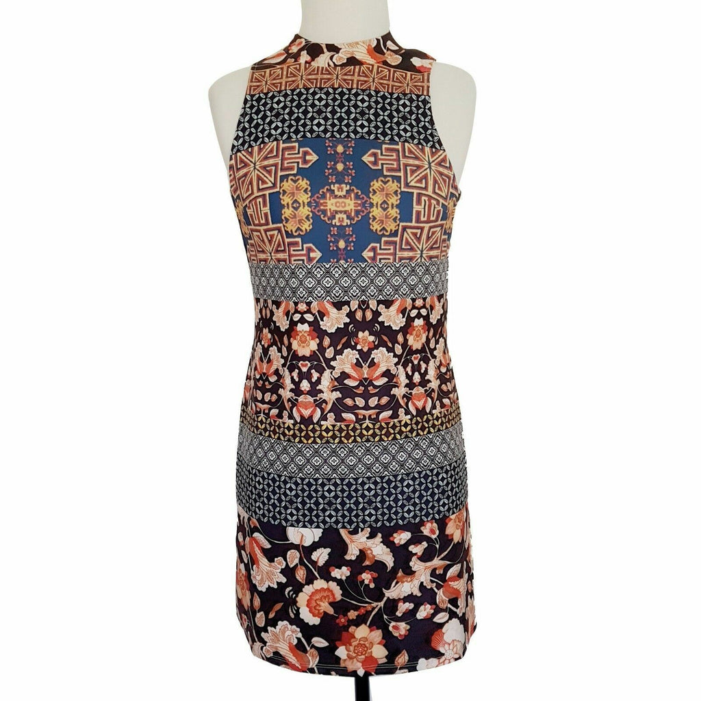 DOTTI Womens Black Pink Floral Sleeveless High Neck Pencil Fitted Dress
