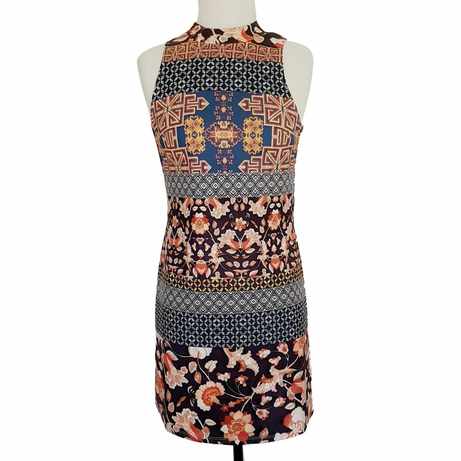 DOTTI Womens Black Pink Floral Sleeveless High Neck Pencil Fitted Dress