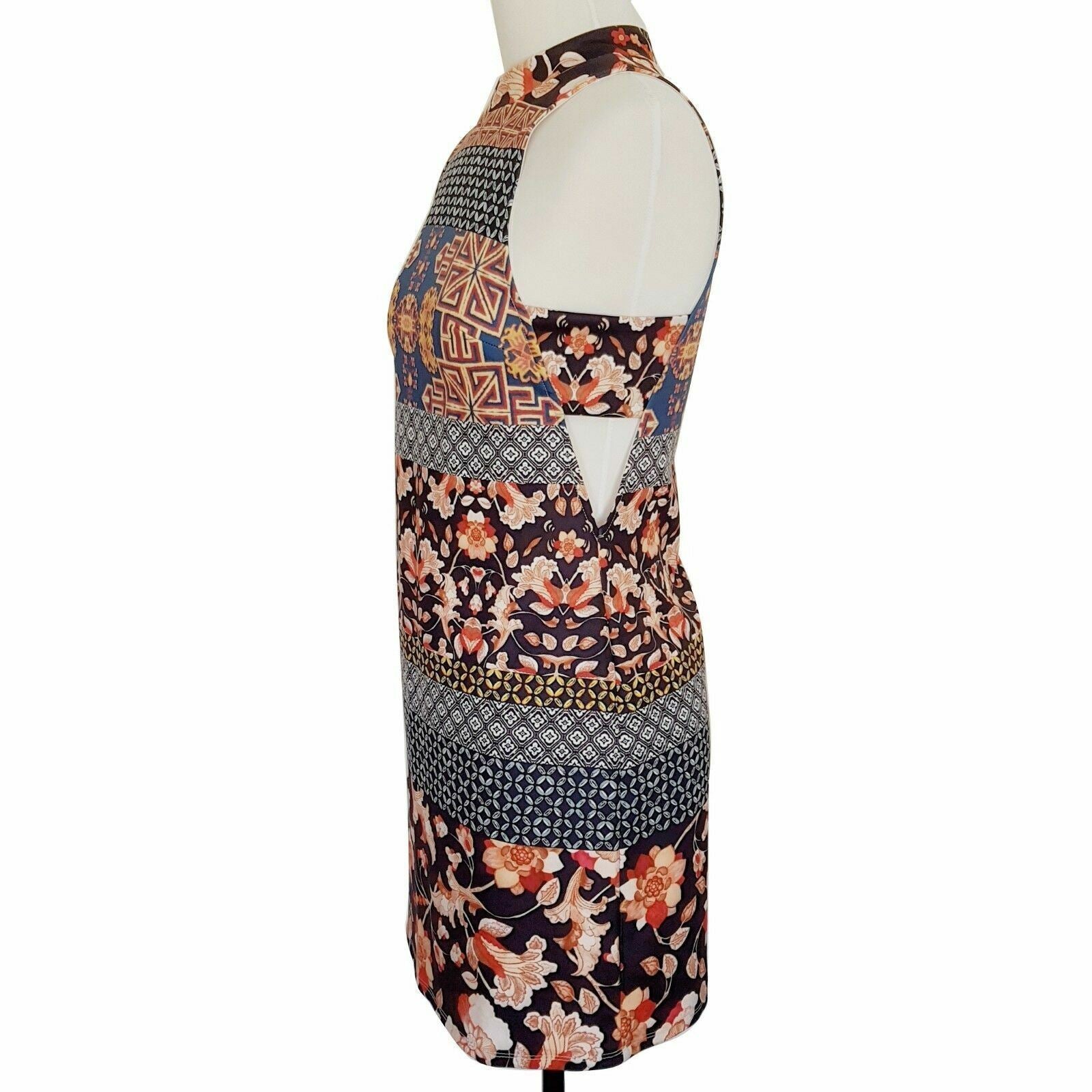 DOTTI Womens Black Pink Floral Sleeveless High Neck Pencil Fitted Dress