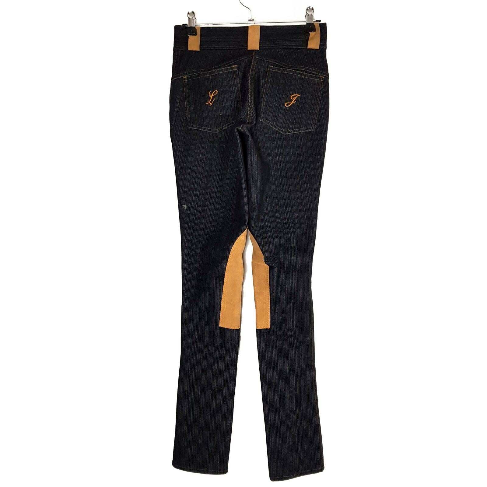 LJ Women's Black Denim Skinny Jeans Pants Slim Ladies Beige Suede Knee Patch